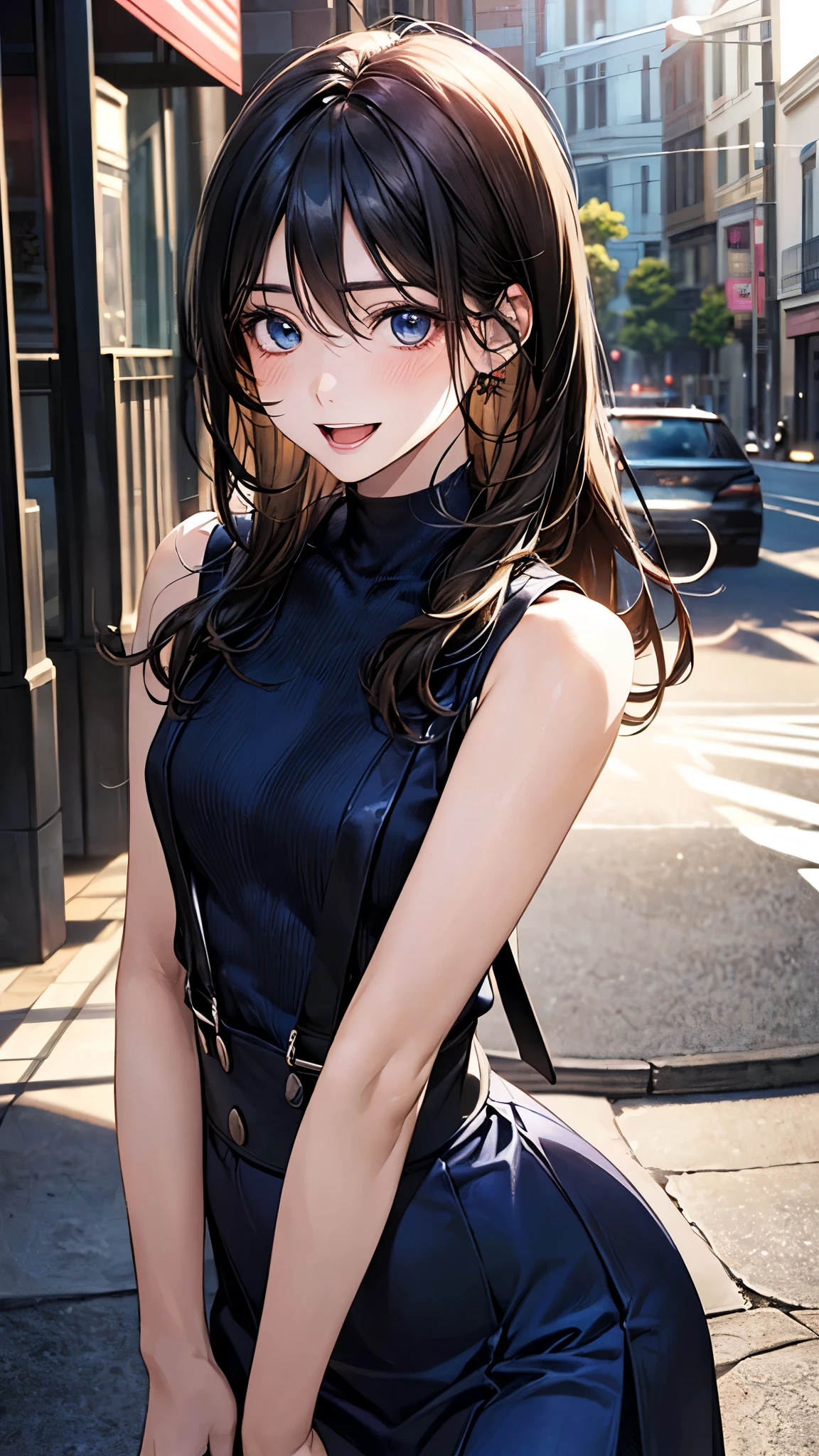 (masterpiece:1.2, top-quality), (realistic, photorealistic:1.4), beautiful illustration, (natural side lighting, movie lighting), depth of fields, 
beautiful detailed hair, beautiful detailed face, beautiful detailed eyes, beautiful clavicle, beautiful body, beautiful chest, beautiful thigh, beautiful legs, 
looking away, 1 girl, high school girl, (perfect anatomy, anatomically correct, super detailed skin), cute and symmetrical face, babyface, perfect face, perfect eyes, perfect body, 
(long hair:1.5, straight hair, black hair), hair between eyes, light blue eyes, slant eyes, big eyes, long eye lasher, (medium breasts, seductive thighs), shiny skin, pink skin, 
(detailed cloth texture, break (sleeveless beige high neck), break cobalt blue long skirt), break black suspenders, 
(beautiful scenery), evening, (street:1.2), walking, hands between legs, (lovely smile, upper eyes, open mouth small), 