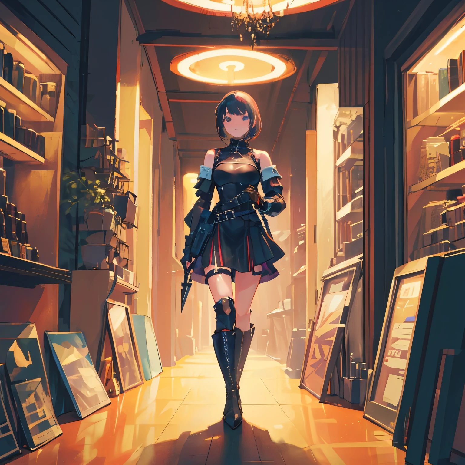 Tactical knight, light armor, tactical equipment, tactical straps, leather equipment, tactical accessories, knight accessories, 1girl, medieval background, tactical armored boots, knife sheath equipment, 1girl, full body, spy suit, gothic costume, elegant style, steampunk reference, palace dance salon, baroque details, hidden spy weapons, spy equipment hidden in clothes, gothic punk victorian elegant clothing, correas tácticas ocultas, spy girl, tactical spy equipment, dress, detail face, skinny body, e-girl