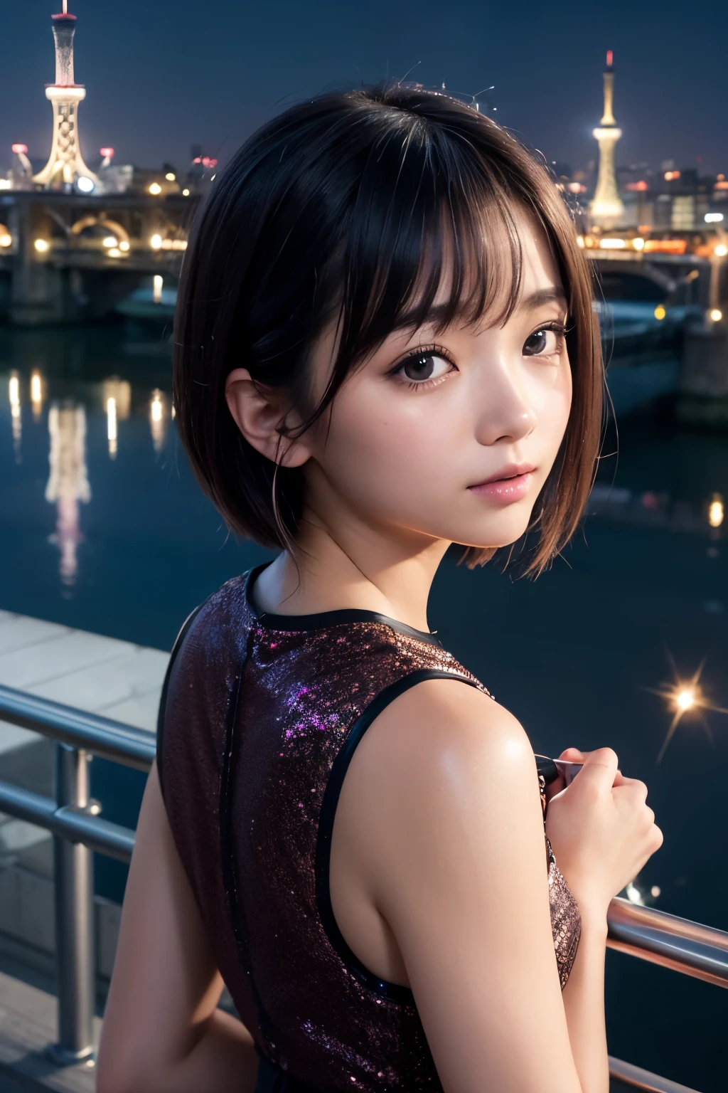 8k, RAW Photo, Best Quality, Masterpiece, Realistic, PhotoRealistic, Extremely Detailed 8k Wallpaper, Beautifully Detailed Eyes, Finely Detailed Face, 
 BREAK 
Professional Lighting, 
 BREAK 
(((s-bridge + building + city lights + cityscape + scenery + reflection + s-river + t-skytree + sparkle + twilight + night:1.8))), 
Perfectly Anatomically Correct:1.0, 
 BREAK 
1 Girl, Light Smiling, 
Very Short Hair Bun:1.2, Symmetrical Clear Eyes:1.1, Captivating Eye Reflections:1.1, 
Kawaii, [Japanese], Wide-Set Eyes, Big Eyes, Almond-Shaped Eyes, tareme, Double Eyelids, Eye Bags, (White Skinned), Blush, Embarrassed, -Yeld, 
und Face), [[Chiseled Face]], (Round Chin), Thin Lips, [Small Nose], (Wet Hair), Messy Hair, Open Mouse Slightly, [Pouted Cheek], 
Clothing Random SHIMAMURA Tops + Bottoms, 
Looking Back Viewer, 
 BREAK 
SFW:1.0, 
 BREAK 
Long Shot:1.2, bokeh:1.6
