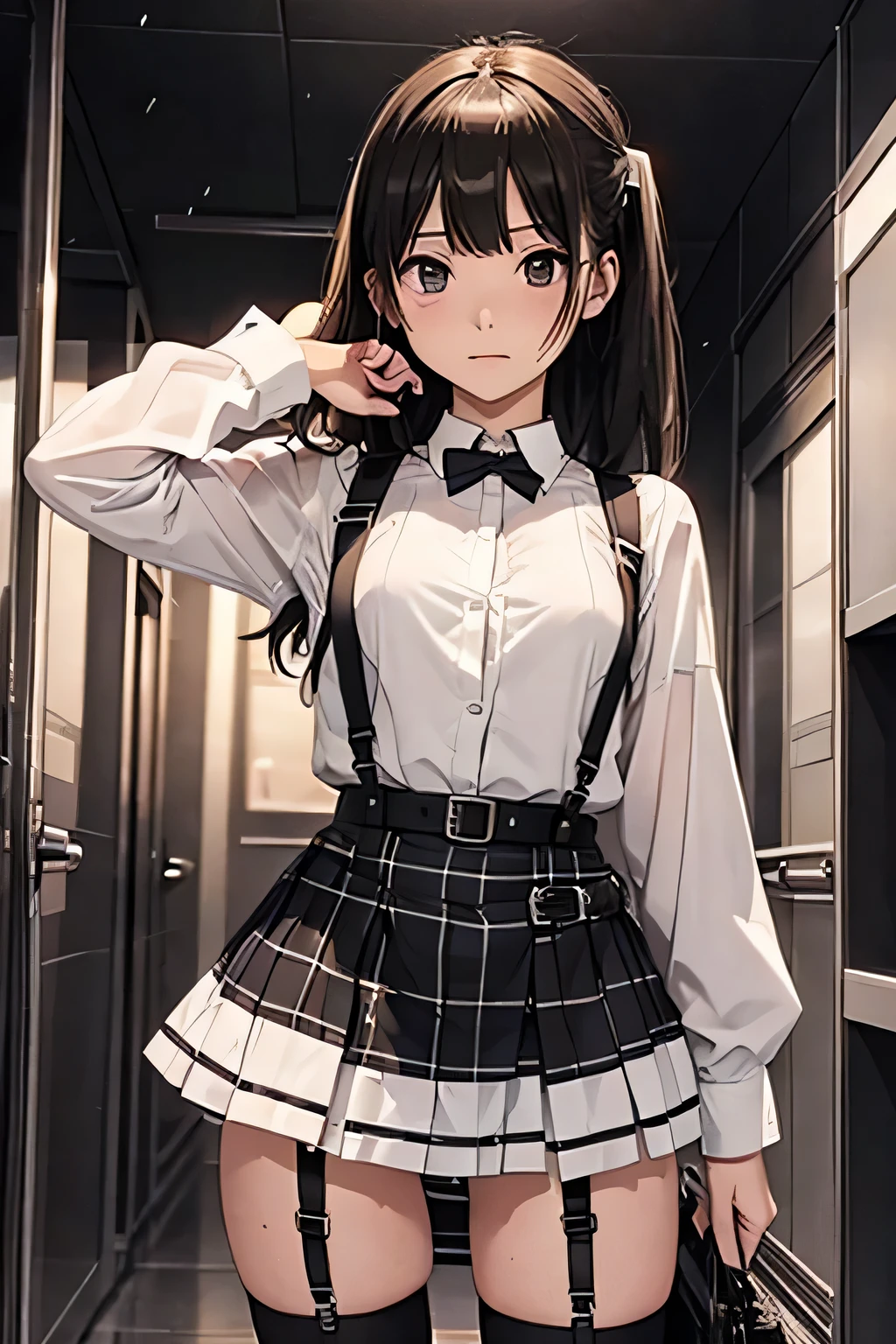 1 female, , high quality, masterpiece, Ultra-high resolution, Cinema Lighting, 1 female, , high quality, masterpiece, Ultra-high resolution, , Cinema Lighting, suspenders Moderate breasts Small face Looking up Sweat Thin belt buzzer 脇Sweat garter belt Belt on pants holster Hands behind your back Looking up Anxious face Knee-high Knee socks Knee-highソックス garter ふとももにgarter belt Checkered mini skirt Panty shot Skirt gap Armament holster holster Hands behind your back Anxious expression Anxious face, legs apart Armament Leg Holster holster See-through clothing heavy rain Rain-soaked dress shirt,Moderate breasts ガーターbelt suspenders Garter on the thigh Checkered mini skirt Looking up Pause belt Armpit sweat Hands behind back Raise your hands