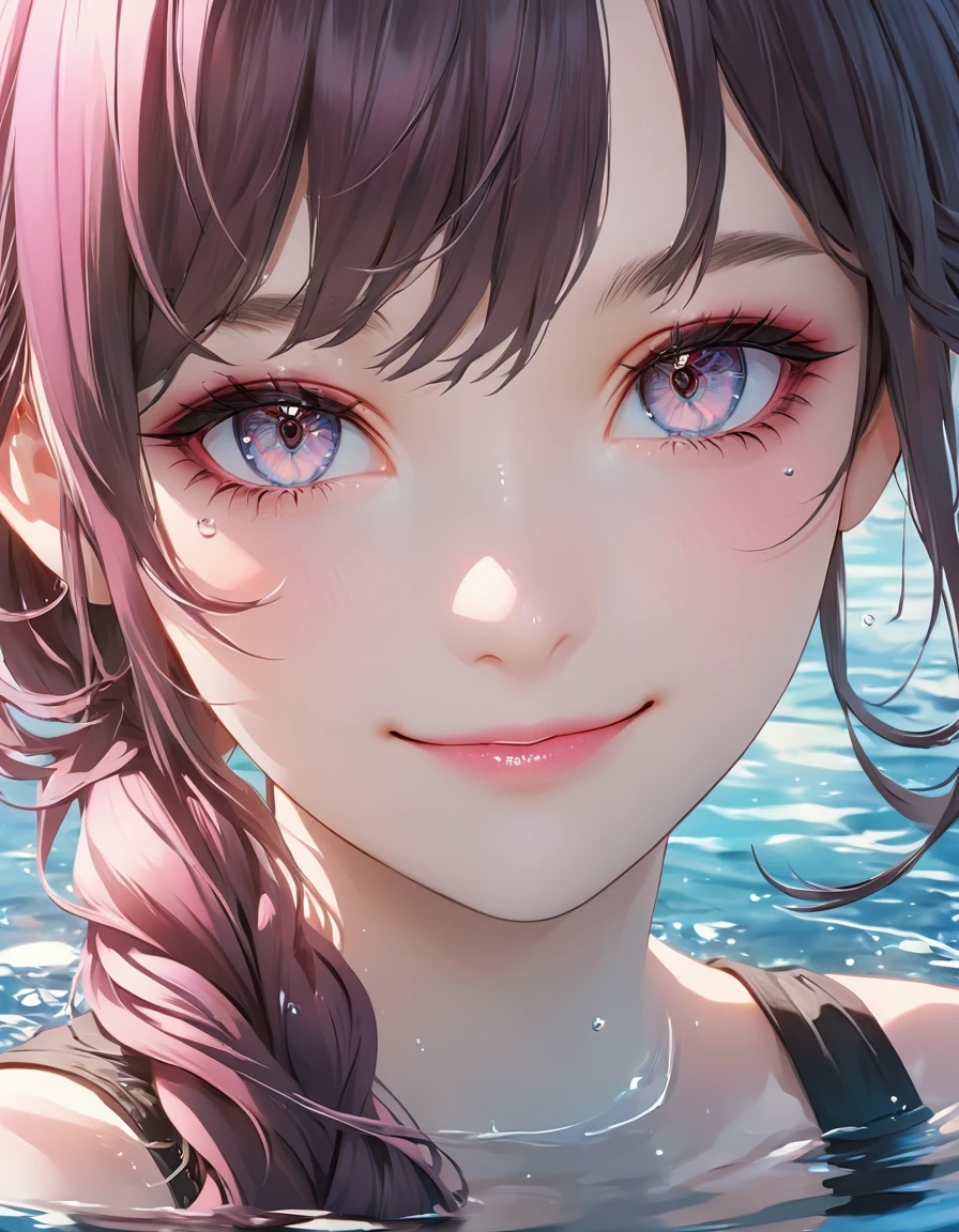 a close up of a girl in a body of water, realistic cute girl painting,, (peaceful face),(smile),artgerm realistic anime art style, realistic anime artstyle, kawaii realistic portrait, detailed portrait of anime girl, realistic anime style at pixiv, anime girl walking on water, beautiful anime portrait, realistic - anime, stunning anime face portrait, realistic anime 3 d style, 3 d anime realistic