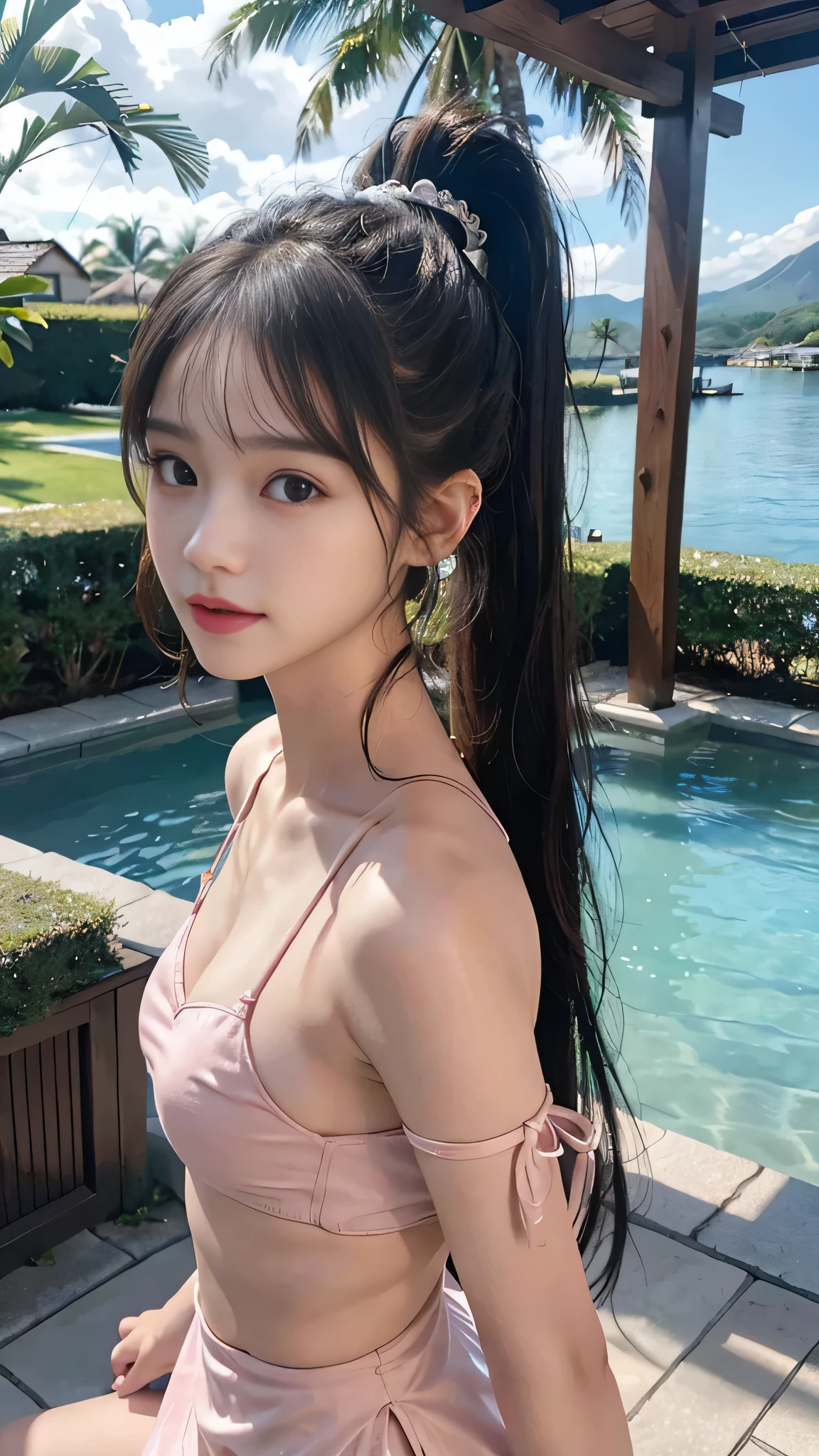 body shot,Outdoor,Pink micro bikini,Hawaii Resort Beach,The highest image quality, High quality, the background is clear,Beautiful woman, Japanese,Ultra-detailed, finely detail, hight resolution, 8k Wallpaper, Perfect dynamic composition, Beautiful detailed eyes , Detailed, Detailed eyes, Detailed skin, Beautiful skin, 超hight resolution, (reality: 1.4),Very beautiful woman, Slightly younger face, Beautiful skin, Slender, (Ultra photo realsisim), (hight resolution), (8k), (Very detailed) (beautifully detailed eyes), (super detailed), (Detailed face), view the viewer, Fine details, Detailed face, Staring straight ahead, Staring straight ahead, photos realistic, Bright lighting, Professional Lighting, Black hair,poneyTail,a baby face,sixteen years old,Hairstyle: ponytail,Long ponytail hairstyle,slight smile,Beautiful Japanese KPOP idol photo, hair style is ponytail, my eyes are double and wide, baby face, smile and look straight ahead, Slender, small breasts,