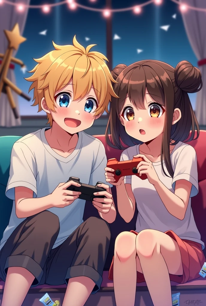 anime style, adults, blonde guy with blue eyes and a brunette girl with brown eyes and a bun hairstyle and they're playing games together