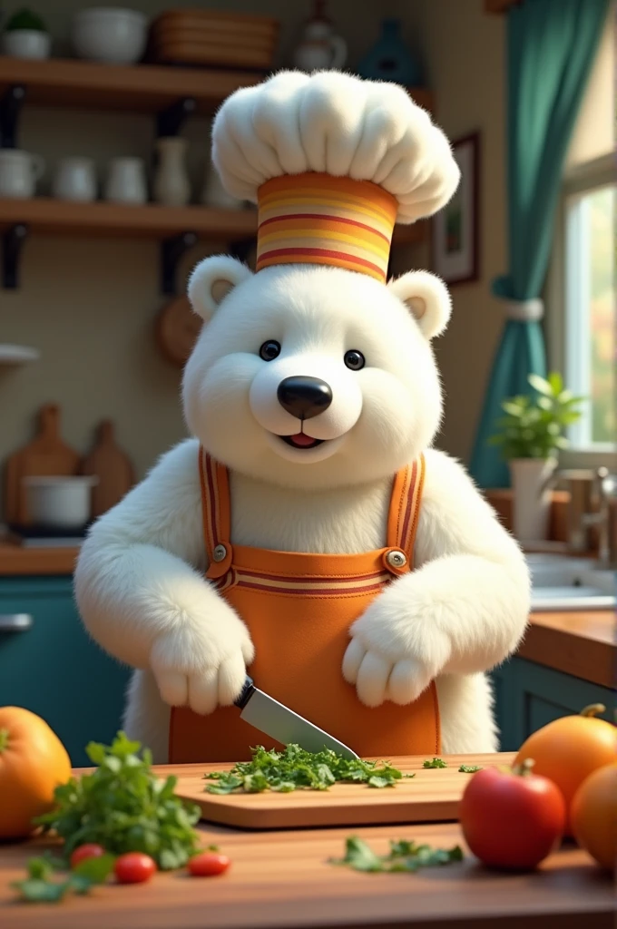 polar bear、Chef's hat、apron、Cutting board、Cooking with a knife