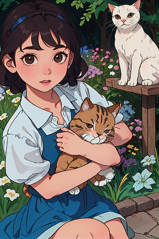 A girl, 18 years old, wearing a blue dress, with brown braided hair, playing with her cat in the garden. She has brown eyes and fair skin.