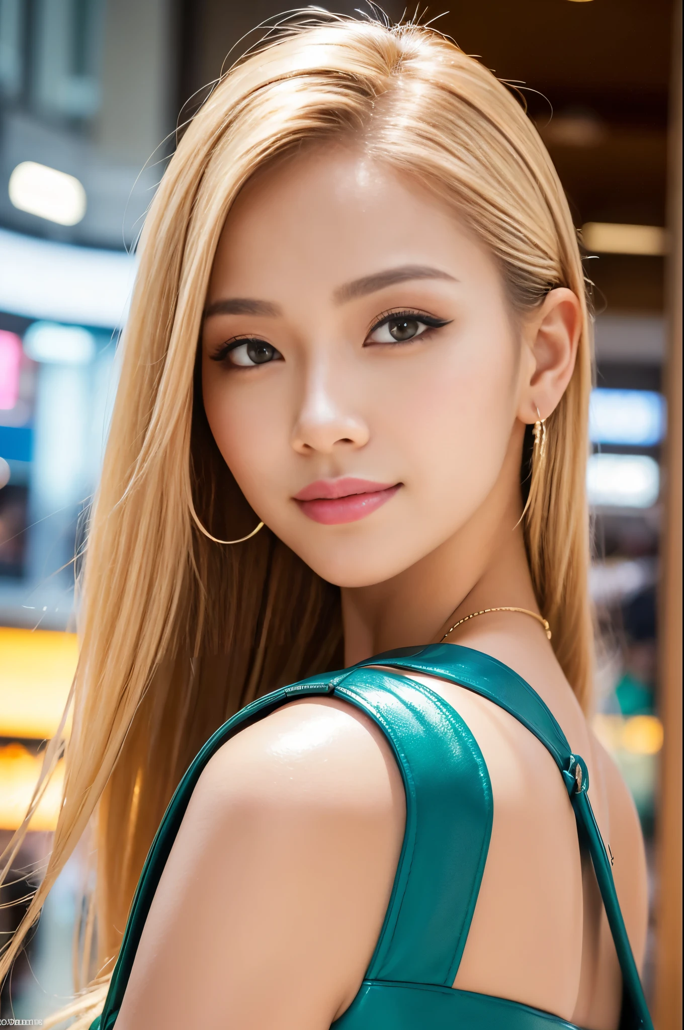 (masterpiece:1.4), (best quality:1.4), ultra high res, ultra high resolution, ((detailed facial features)), HDR, (realistic, photorealistic, photo-realistic:1.37), closeup, sexy seductive Thai woman, (seductive smile), long lashes, beautiful makeup, platinum blonde hair, fair skin, slender figure, elegant posture, wearing large sparkling colorful jewelery, wearing a business style leather dress, standing in a large shopping mall, gentle sunlight shining through the shopping mall windows, casting a soft glow on her face, adding warmth to the scene, vibrant colors, capturing the essence of vibrant city life, portrait style, showcasing her natural beauty and grace in a feminine way