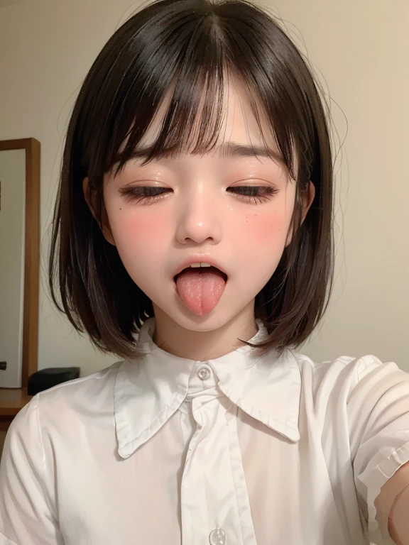 (masterpiece:1.3)、Very nice finish、(High resolution、8k:1.3)、(Highest quality、Ultra-realistic as a photo:1.5)、Sharp focus, 超High resolutionの顔、Eyes are symmetrical:1.3、High quality and beautiful skin、Firm Skin、Image of 1 person, ((9 years old))、((White tight business blouse with collar))、(White bow tie blouse)),(very cute、Amazing beautiful girl)、Natural Makeup, Glossy Lips、Wet eyes:1.3,, Embarrassing:1.3、((Bobcut)),(Sticking out tongue:1.5),(Upper body shot:1.7),(Please open your mouth wide:1.5)、(Wrinkles between the eyebrows:1.4)、(Scared expression:1.8)、(Please close your eyes completely:1.9),(single eyelid:1.5),(Blushing:1.5),(Let your bangs hang down:1.7)、Low contrast lighting、(The top of your head fits in the frame:1.4)