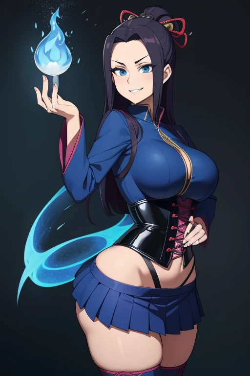 blue fire, yokai flames, mystical power, spirits, swirling fire,  20 year old woman, busty, bubble butt, hourglass figure, skinny, standing, smirk, confident expression wearing black laced corset, blue pleated skirt, black knee high boots