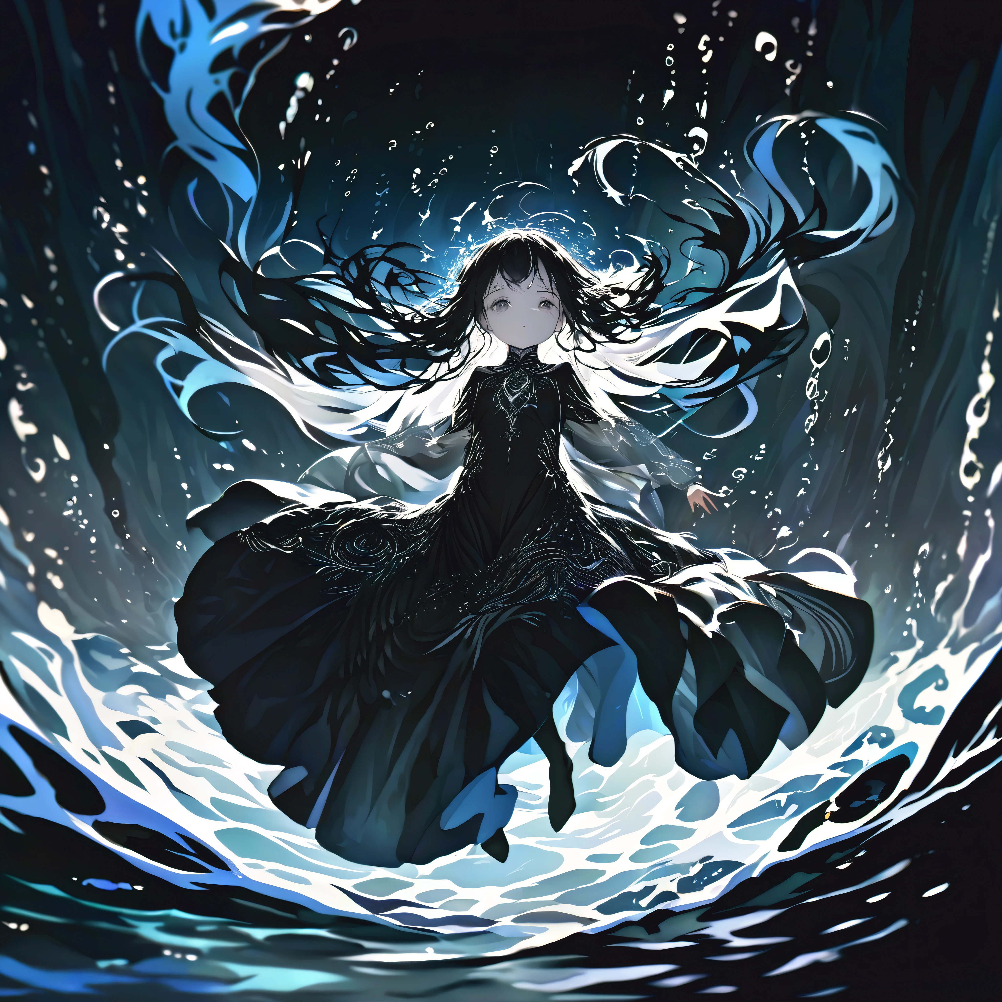 (full body), (solo), (A :1.2), (very young ), , (Solo), (small breast), (wide angle), raw photo, Aesthetic, Convoluted, Awarded, chiaroscuro, Best Quality, Detailed background, (underwater atmosphere:1.2), (underwater photo, floating drowning:1.1), ((Girl in very long black dress:1.2)), (very wet dress:1.1), detailxl, As the tempest rages overhead, the world is painted in a monochrome dance of silver and darkness, the rain a relentless symphony of nature's power. Amidst this deluge, a young girl emerges, her silhouette a stark contrast to the storm's fury. She is adorned in a black sheer transparent long skirt, a garment that whispers of mystery and allure.
Submerged in the water, the skirt takes on a life of its own, a dark, flowing silhouette that moves with the grace and fluidity of the deep. The black fabric, once a stark contrast to the world above, now becomes a part of the underwater realm, its transparency allowing the subtle play of light to filter through, casting shadows and highlights that dance around the girl.
The skirt's transparency allows the water to become a second layer of the garment, the fabric clinging to her form like a second skin, revealing and concealing in equal measure. The darkness of the fabric contrasts with the clarity of the water, creating a visual illusion of depth and dimension that adds to the skirt's allure.
As the skirt moves with the water, it creates a sense of motion and flow, the fabric rippling and swirling around her like a dark current. The hem of the skirt sways gently, brushing against the underwater terrain, leaving a trail of disturbed sediment in its wake, a testament to the skirt's passage through the depths.
The black sheer fabric is adorned with subtle details that become more pronounced underwater. Perhaps there are delicate patterns or embroidery that shimmer in the refracted light, adding a touch of elegance and sophistication to the skirt. These details are like hidden treas