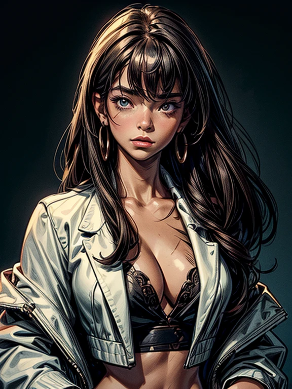 masterpiece, highres, screen shot, best quality, 1girl, (scar on left eye), white cropped jacket, cleavage, highly detailed, rule of thirds, jewelry, long hair, bangs, hair between eyes