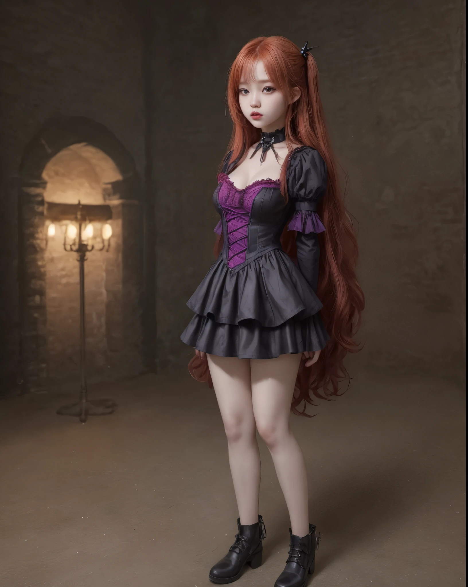 young girl, kim chaewon as a sexy young girl, full body view, fullbody, full body, kim chaewon is a girl, 1girl, fantasy gothic city background, kim chaewon, girl, small breast, figure, long red hair, red eyes, face front, tight purple fantasy pirate top, tight fantasy pirate clothes, emotional face, make up, masterpiece, best quality,