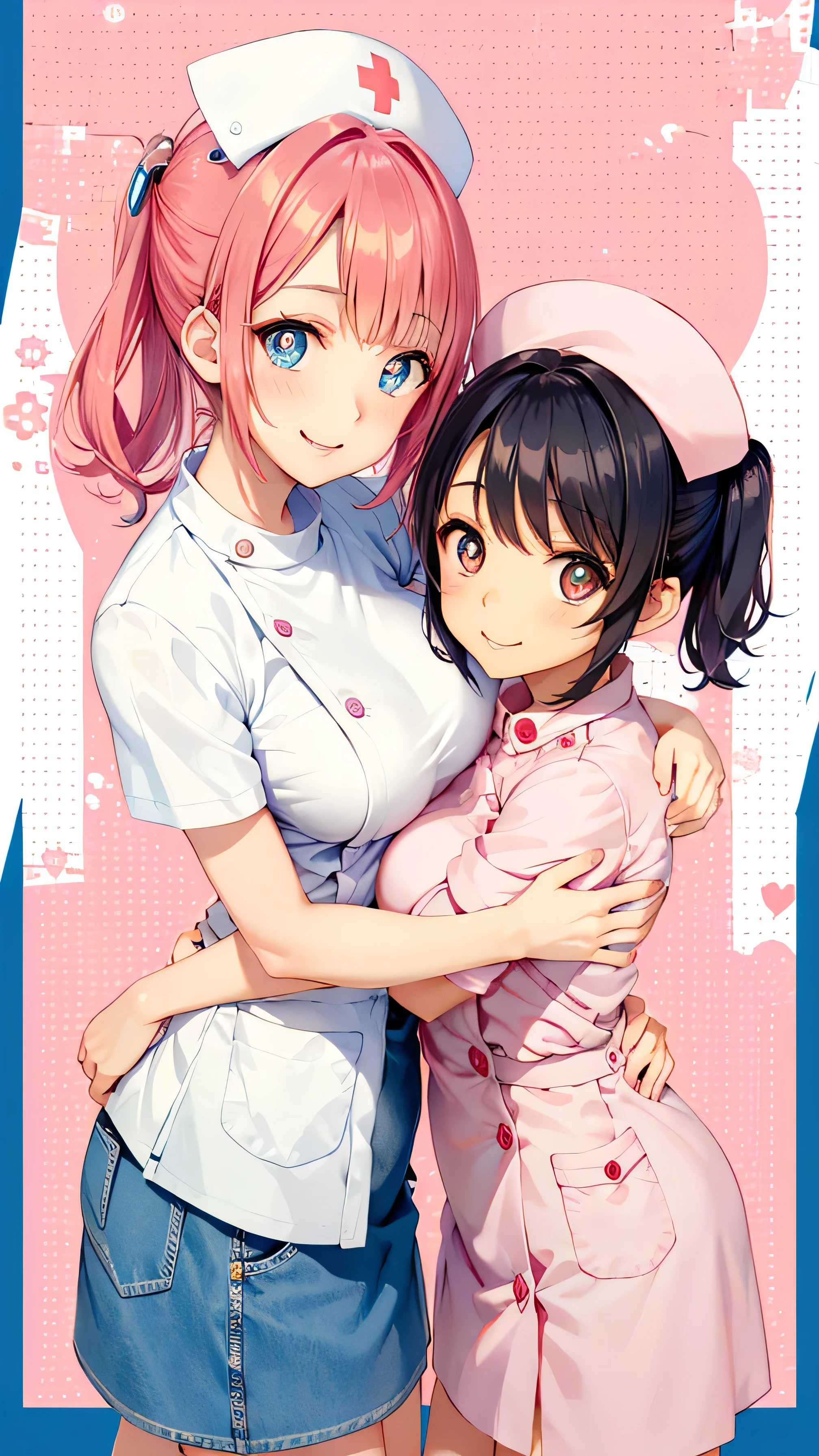 perfect beauty girl, oily skin, random Breast size、random hair style、random hair color,nurse uniform
nurse cap, crazy eyes, mismatched pupils, smile, anime style, retina,hug a large syringe, heart