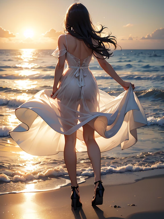 (realistic photo:1.37), Summer sea evening sunset, Sunset overlap the person, The sunset is reflected on the sea surface, (Dazzling sunset:1.4, beautiful evening sunset:1.3), (Back view of two women on the beach), (((Holding hands and looking beyond the horizon))), (Lens Ghosting:1.5, lens flare:1.2, Octagon-shaped lens ghost), Fiery Horizon, (Silky platinum blonde Hair:1.2), (The other one woman ultra Shiny straight black hair:1.3), ((Natural backlighting:1.4)), ((one woman wears lace tiered mini skirt and sheer white Summer clothes)), ((The other one woman wears a sheer tulle skirt and Sheer Summer Dresses)), ((full body view:1.2)), Slightly slimmer body, Realistic Skin,
BREAK. masterpiece, ultra high resolution, high definition RAW photograph, Highly detailed CG, best quality, 4K, perfect anatomy, perfect proportions, Romantic Landscape, Sparkling sea, Accurate limbs, Back blur, Hand details, finger details, erotic body