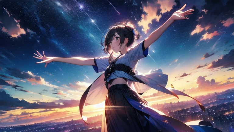 Absurd, High resolution, (Official Art, beautifully、aesthetic:1.2), close, One person raising their arm from below, Bright Sky, A vast world, stare, Awe-inspiring expressions, Distant Horizon, cloud, High Hill, Natural Beauty, Inspiration, Night Sky, Shining Star, Upstyle