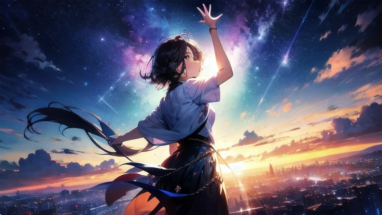 Absurd, High resolution, (Official Art, beautifully、aesthetic:1.2), close, One person raising their arm from below, Bright Sky, A vast world, stare, Awe-inspiring expressions, Distant Horizon, cloud, High Hill, Natural Beauty, Inspiration, Night Sky, Shining Star, Upstyle