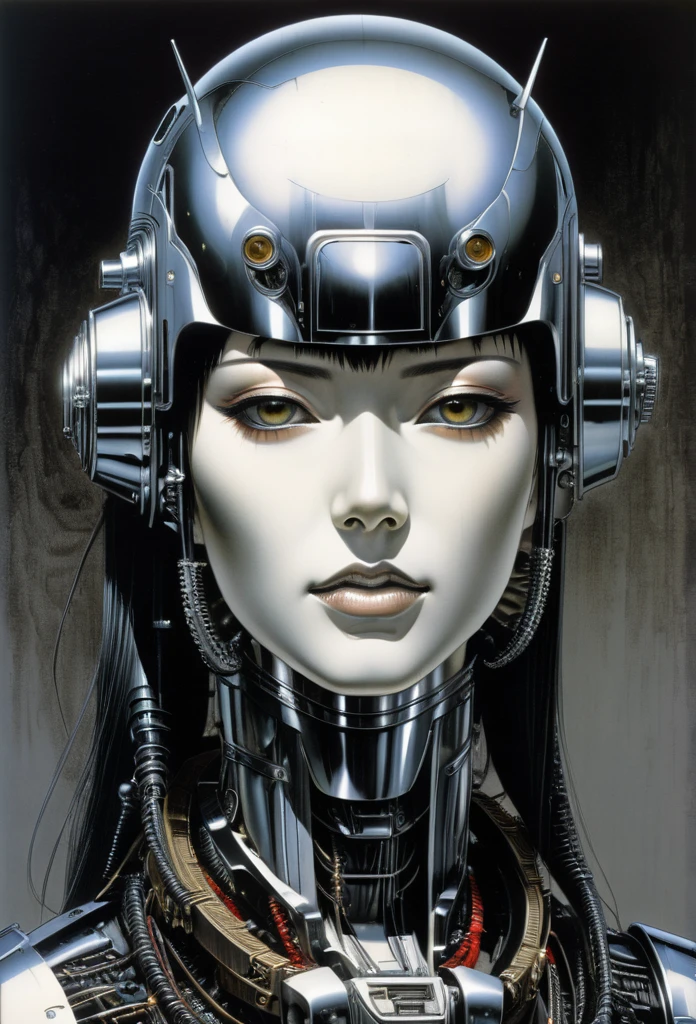 Head shot,Female robot,chrome body technowave, dystopian, noir, engraved, woodwork, dark art, scifi, graphite, by Hajime Soyayama, J. S. G. Boggs, manga drawing, junji ito, SATOU Hirohisa, kazuo umezu, KATSUHIRO OTOMO, hr giger, gustave dore, Bernie Wrightson, Masamune Shirow