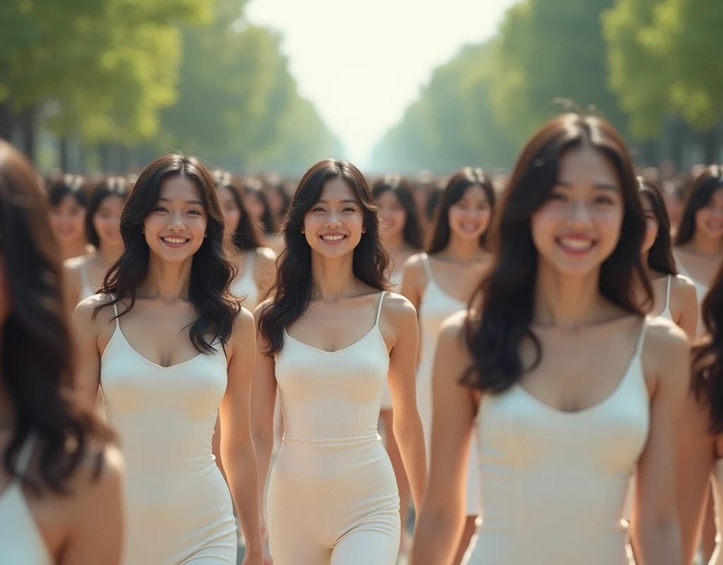 (Perfect Clone girls Photography Art), (16K, Highest quality, Ultra-high resolution, Unrealistic, A world of cloned girls multiplying, Real), (Japanese Girls, 26-year-old), (((((Small face, (((((Thick black hair, Semi-long hair)))))))))), ((Very beautiful detailed girls, Accurate body structure, Very detailed body, (((((Big Breasts, H-Cup))))), ((Emphasis on the fullness of a large chest)), (((White chest-emphasizing one-piece dress))), ((Dark Eyes, Baby Face, Cute Smile, A gentle gaze)), (((((Happy laughter))))), (((((Very detailed, 1girl-1,000,000cloning))))), (((100girls), (6+girls), multiple girls))), (((((Very detailed depiction of the other self, Perfectly the same girl, The exact same smile, Perfect same hair, Perfect same clothes, Exactly the same height, Perfect same H-cup))))), (((((clone girls only))))), ((10,000girls)), ((1,000,000girls)), ((1,000,000,000girls)), ((Walking towards the front, Variation, Have fun and smile, Laughing, While talking, pass by)), ((1,000,000,000,000,000,000girls)), ((1,000,000,000,000,000,000,000,000,000girls)), ((The sight of the ultimate super-crowded, Abnormal extreme crowding, Very extremely crowded)), (Soft Light, super wide view, (((((Extremely detailed and clear ultra-telephoto depiction, height difference)))))), (((Subject depth extremely shallow)))