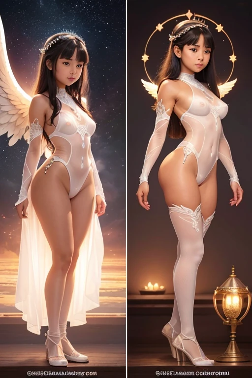 A young 15- yr old native asian girl with lovely charminvg face,( brown skin texture masterpiece), (smiling with exposed teeth)(perfect full body detailed anatomy), (Super accessories detailed), (meditating ), (perfect detailed glowing bright eyes),(short illuminating sapphire crystalized hair),((expose big hard erect nipples))(( exposed panty ))(legs wide open showing pussy line)(( Wearing transparent illuminating costume of an angel)),holding a treasure swords (( illuminating different lights covering the sorrounding atmosphere)) Has beautiful large white wings, The character solemnly praying (create a different angle of perspective of this character all in one paperwork profiling)) A picture views in one sheet canvas profiling character, accurate details weapon's, accessories& everything,( 1 front view, 1 left-side view, 1 right side, 1 rear- side view, with persepective view of 1/4 left- side view, 1/2 left side view and one stylish pose. At center