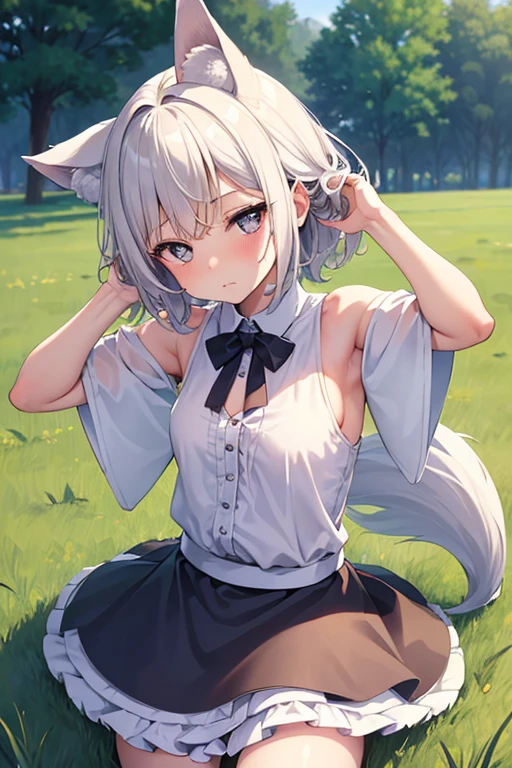 One Girl　cute　Petite　breasts are slightly larger　The legs are very thin　Wolf ears　White shorthair　 doll　Lying on your back　(((The background is inside the grass.)))　Place your hands behind your head.　Embarrassed face