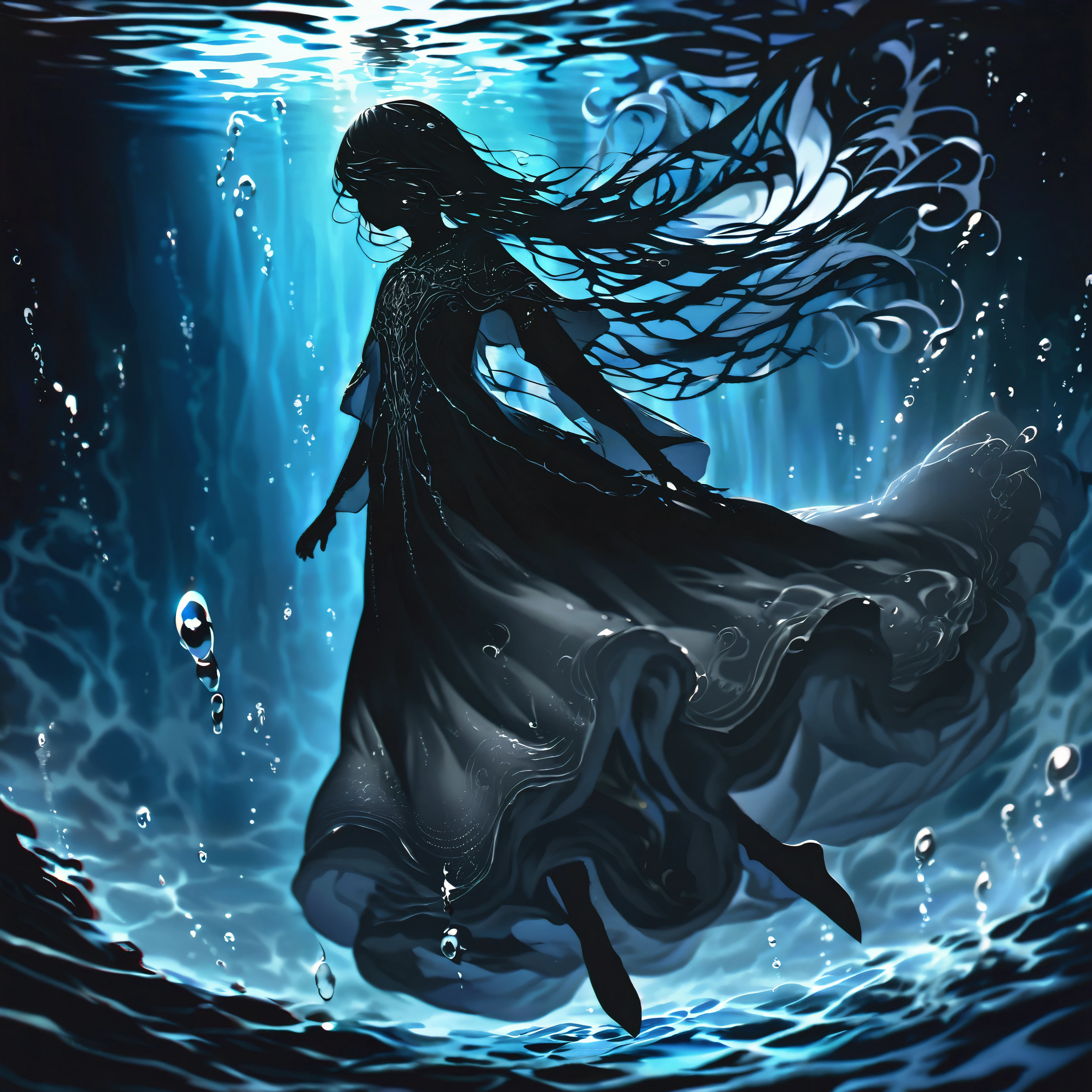 (full body), (solo), (A :1.2), (very young little girl), , (Solo), (small breast), (wide angle), raw photo, Aesthetic, Convoluted, Awarded, chiaroscuro, Best Quality, Detailed background, (underwater atmosphere:1.2), (underwater photo, floating drowning:1.1), ((Girl in very long black dress:1.2)), (very wet dress:1.1), detailxl, As the tempest rages overhead, the world is painted in a monochrome dance of silver and darkness, the rain a relentless symphony of nature's power. Amidst this deluge, a young girl emerges, her silhouette a stark contrast to the storm's fury. She is adorned in a black sheer transparent long skirt, a garment that whispers of mystery and allure.

Submerged in the water, the skirt takes on a life of its own, a dark, flowing silhouette that moves with the grace and fluidity of the deep. The black fabric, once a stark contrast to the world above, now becomes a part of the underwater realm, its transparency allowing the subtle play of light to filter through, casting shadows and highlights that dance around the girl.

The skirt's transparency allows the water to become a second layer of the garment, the fabric clinging to her form like a second skin, revealing and concealing in equal measure. The darkness of the fabric contrasts with the clarity of the water, creating a visual illusion of depth and dimension that adds to the skirt's allure.

As the skirt moves with the water, it creates a sense of motion and flow, the fabric rippling and swirling around her like a dark current. The hem of the skirt sways gently, brushing against the underwater terrain, leaving a trail of disturbed sediment in its wake, a testament to the skirt's passage through the depths.

The black sheer fabric is adorned with subtle details that become more pronounced underwater. Perhaps there are delicate patterns or embroidery that shimmer in the refracted light, adding a touch of elegance and sophistication to the skirt. These details are like hidden treas