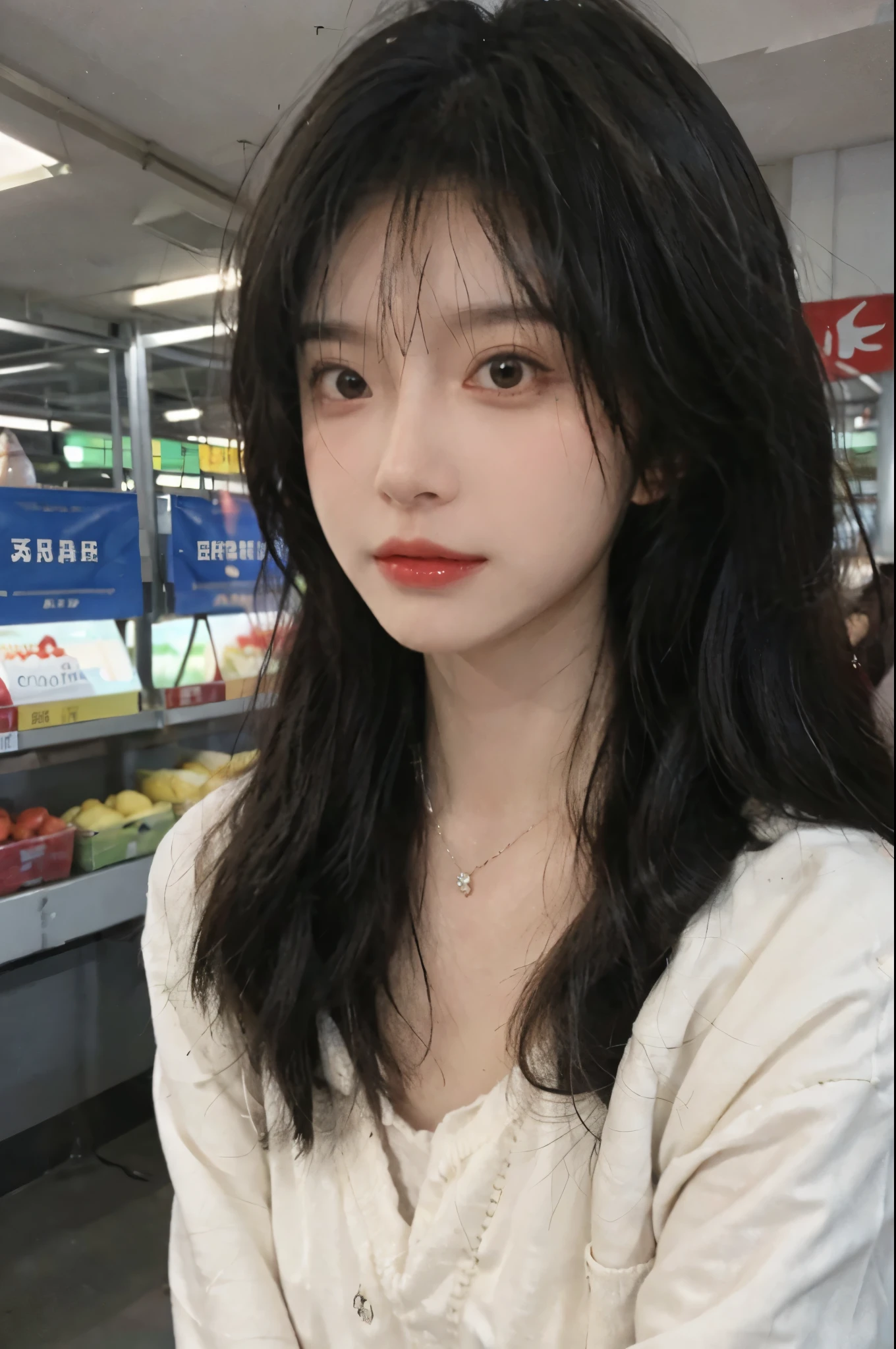 Best quality，Ultra-high resolution,(Realism:1.4)，Cute hairpins，girll,Cropped black sweater，Look directly at the audience，Full of atmosphere，Beautiful woman with a slim figure:1.4，supermarket，whole body，Super delicate face，Exquisite eyes，Double eyelids，necklace