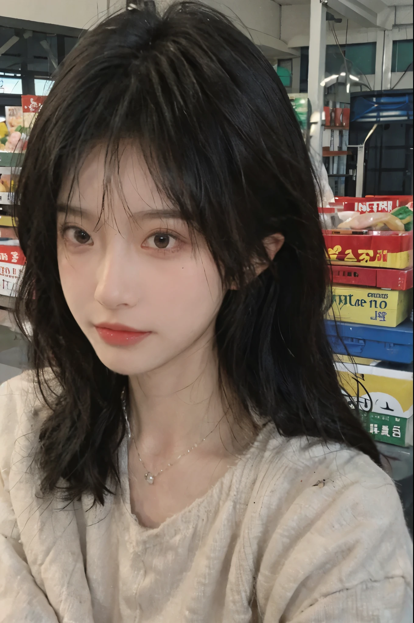 Best quality,Ultra-high resolution,(Realism:1.4),Cute hairpins,girll,Cropped black sweater,Look directly at the audience,Full of atmosphere,Beautiful woman with a slim figure:1.4,supermarket,whole body,Super delicate face,Exquisite eyes,Double eyelids,necklace
