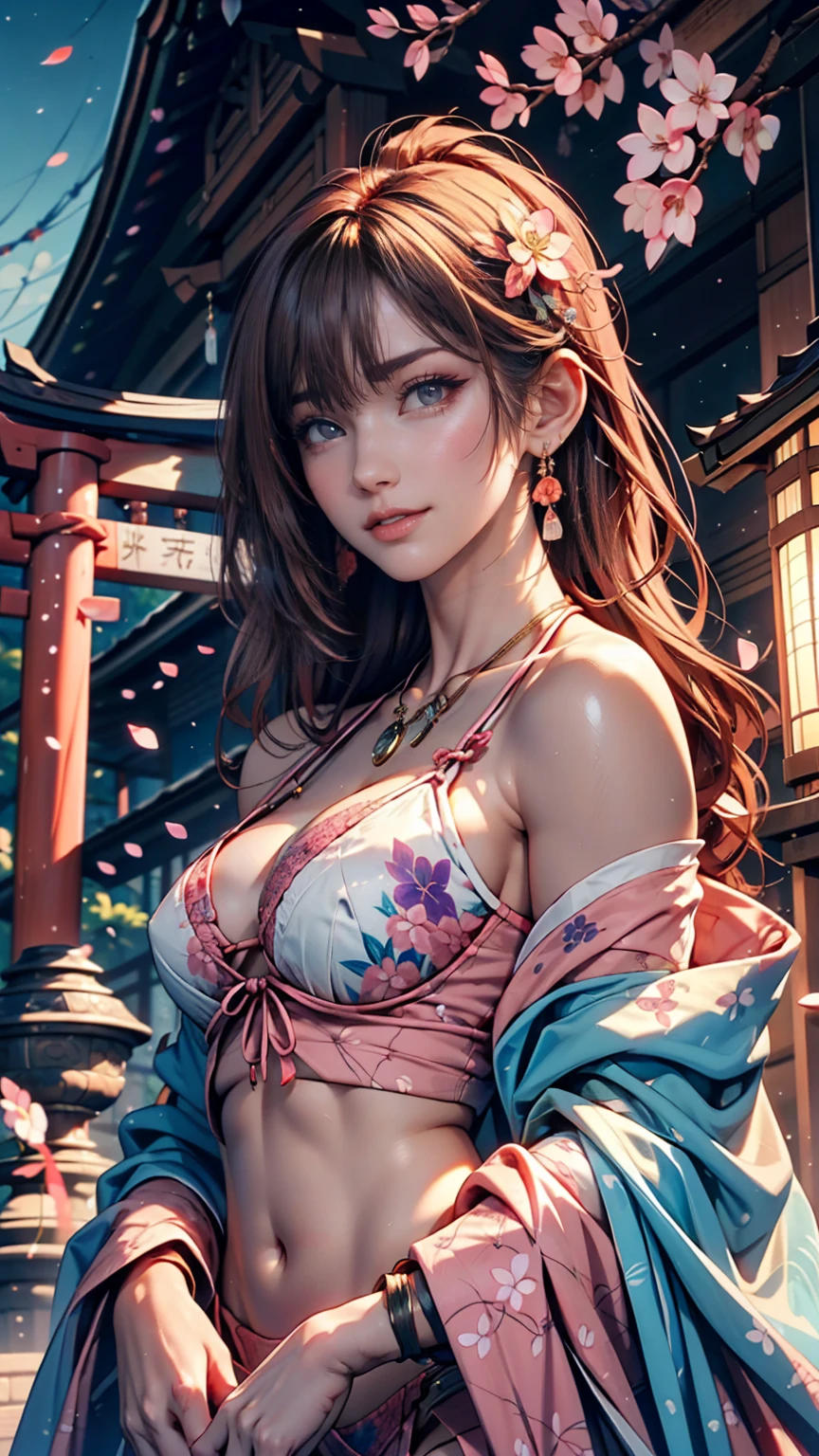 One person, (Urzan-6500:0.7), K-Pop Idols, yae miko, bikini, Removable sleeves, Exposing shoulders, Pink Hair, Long Hair, スーパーマイクロbikini, Highest quality, (Painting:1.5), (hair ornaments:1.35), jewelry, Purple eyes, Earrings, chest, torii, cherry blossoms, Lantern Light, Depth of written boundary, Detailed face, Face Focus, ribbon_trim, (View your viewers:1.25), Non-traditional Shrine Maiden, Glowing Skin, Long sleeve, smile, Thick lips, Game CG, Put your hand on your lips, East Asian architecture, (Blurred Background:1.2), Sitting, Upper Body, スーパーマイクロbikini、Lace-up sandals