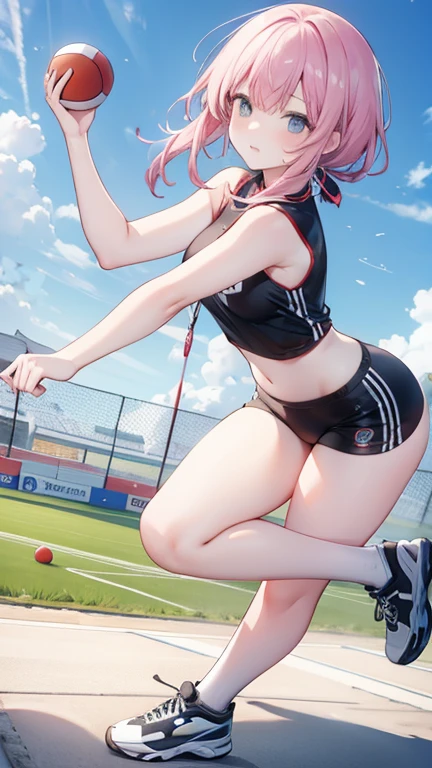 College athlete ((sexy and confident Woman)), slender but toned, (masterpiece, best quality), focused expression, (real picture, intricate details), (1 lady, solo, firm breasts, toned legs, athletic but feminine body), long ponytail, determined eyes, (tight sports bra, short running shorts, sleek sneakers), standing on a university track, (perspective slightly from below, emphasizing her strength and presence), poised to start running, one hand on the ground, (muscles subtly defined, not overly muscular), confident and intense, (university campus, track in the background, clear blue sky), Background: Vibrant and energetic scene, bright daylight, shadows adding depth, casual yet powerful atmosphere