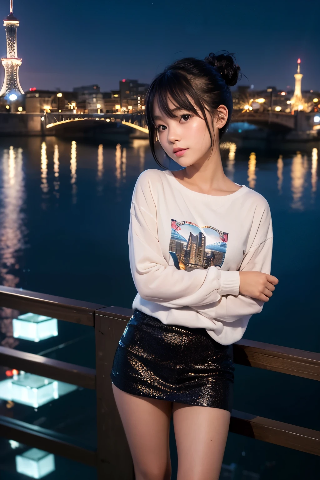 8k, RAW Photo, Best Quality, Masterpiece, Realistic, PhotoRealistic, Extremely Detailed 8k Wallpaper, Beautifully Detailed Eyes, Finely Detailed Face, 
 BREAK 
Professional Lighting, 
 BREAK 
(((s-bridge + building + city lights + cityscape + scenery + reflection + s-river + t-skytree + sparkle + twilight + night:1.8))), 
Perfectly Anatomically Correct:1.0, 
 BREAK 
1 Girl, Light Smiling, 
Very Short Hair Bun:1.2, Symmetrical Clear Eyes:1.1, Captivating Eye Reflections:1.1, 
Kawaii, [Japanese], Wide-Set Eyes, Big Eyes, Almond-Shaped Eyes, tareme, Double Eyelids, Eye Bags, (White Skinned), Blush, Embarrassed, 17-Year-Old, 
(Round Face), [[Chiseled Face]], (Round Chin), Thin Lips, [Small Nose], (Wet Hair), Messy Hair, Open Mouse Slightly, [Pouted Cheek], 
Clothing Random SHIMAMURA Tops + Bottoms, 
Looking Back Viewer, 
 BREAK 
SFW:1.0, 
 BREAK 
Long Shot:1.2, bokeh:1.6