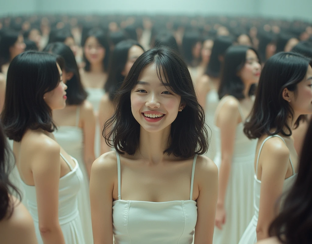 (Perfect Clone girls Photography Art), (16K, Highest quality, Ultra-high resolution, Unrealistic, A world of cloned girls multiplying, Real), (Japanese Girls, 26-year-old), (((((Small face, (((((Thick black hair, Semi-long hair)))))))))), ((Very beautiful detailed girls, Accurate body structure, Very detailed body, (((((Big Breasts, H-Cup))))), ((Emphasis on the fullness of a large chest)), (((White chest-emphasizing one-piece dress))), ((Dark Eyes, Baby Face, Cute Smile, A gentle gaze)), (((((Happy laughter))))), (((((Very detailed, 1girl-1,000,000cloning))))), (((100girls), (6+girls), multiple girls))), (((((Very detailed depiction of the other self, Perfectly the same girl, The exact same smile, Perfect same hair, Perfect same clothes, Exactly the same height, Perfect same H-cup))))), (((((clone girls only))))), ((10,000girls)), ((1,000,000girls)), ((1,000,000,000girls)), ((Walking down the stairs and facing forward., Variation, Have fun and smile, Laughing, While talking, pass by)), ((1,000,000,000,000,000,000girls)), ((1,000,000,000,000,000,000,000,000,000girls)), ((The sight of the ultimate super-crowded, Abnormal extreme crowding, Very extremely crowded)), (Soft Light, super wide view, (((((Extremely detailed and clear ultra-telephoto depiction, height difference)))))), (((Subject depth extremely shallow)))
