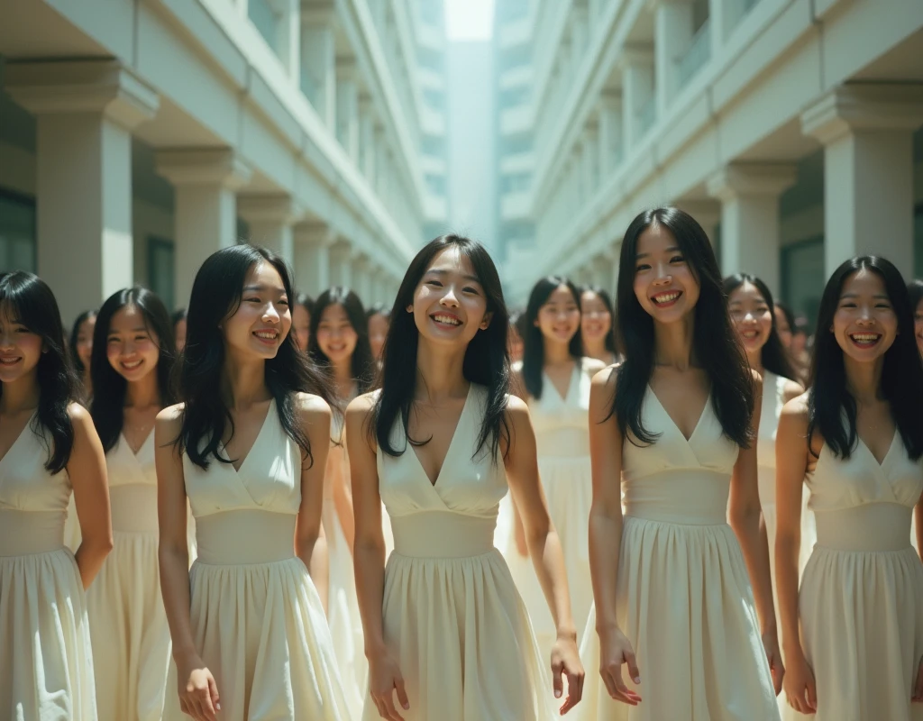 (Perfect Clone girls Photography Art), (16K, Highest quality, Ultra-high resolution, Unrealistic, A world of cloned girls multiplying, Real), (Japanese Girls, 26-year-old), (((((Small face, (((((Thick black hair, Semi-long hair)))))))))), ((Very beautiful detailed girls, Accurate body structure, Very detailed body, (((((Big Breasts, H-Cup))))), ((Emphasis on the fullness of a large chest)), (((White chest-emphasizing one-piece dress))), ((Dark Eyes, Baby Face, Cute Smile, A gentle gaze)), (((((Happy laughter))))), (((((Very detailed, 1girl-1,000,000cloning))))), (((100girls), (6+girls), multiple girls))), (((((Very detailed depiction of the other self, Perfectly the same girl, The exact same smile, Perfect same hair, Perfect same clothes, Exactly the same height, Perfect same H-cup))))), (((((clone girls only))))), ((10,000girls)), ((1,000,000girls)), ((1,000,000,000girls)), ((Walking down the stairs and facing forward., Variation, Have fun and smile, Laughing, While talking, pass by)), ((1,000,000,000,000,000,000girls)), ((1,000,000,000,000,000,000,000,000,000girls)), ((The sight of the ultimate super-crowded, Abnormal extreme crowding, Very extremely crowded)), (Soft Light, super wide view, (((((Extremely detailed and clear ultra-telephoto depiction, height difference)))))), (((Subject depth extremely shallow)))