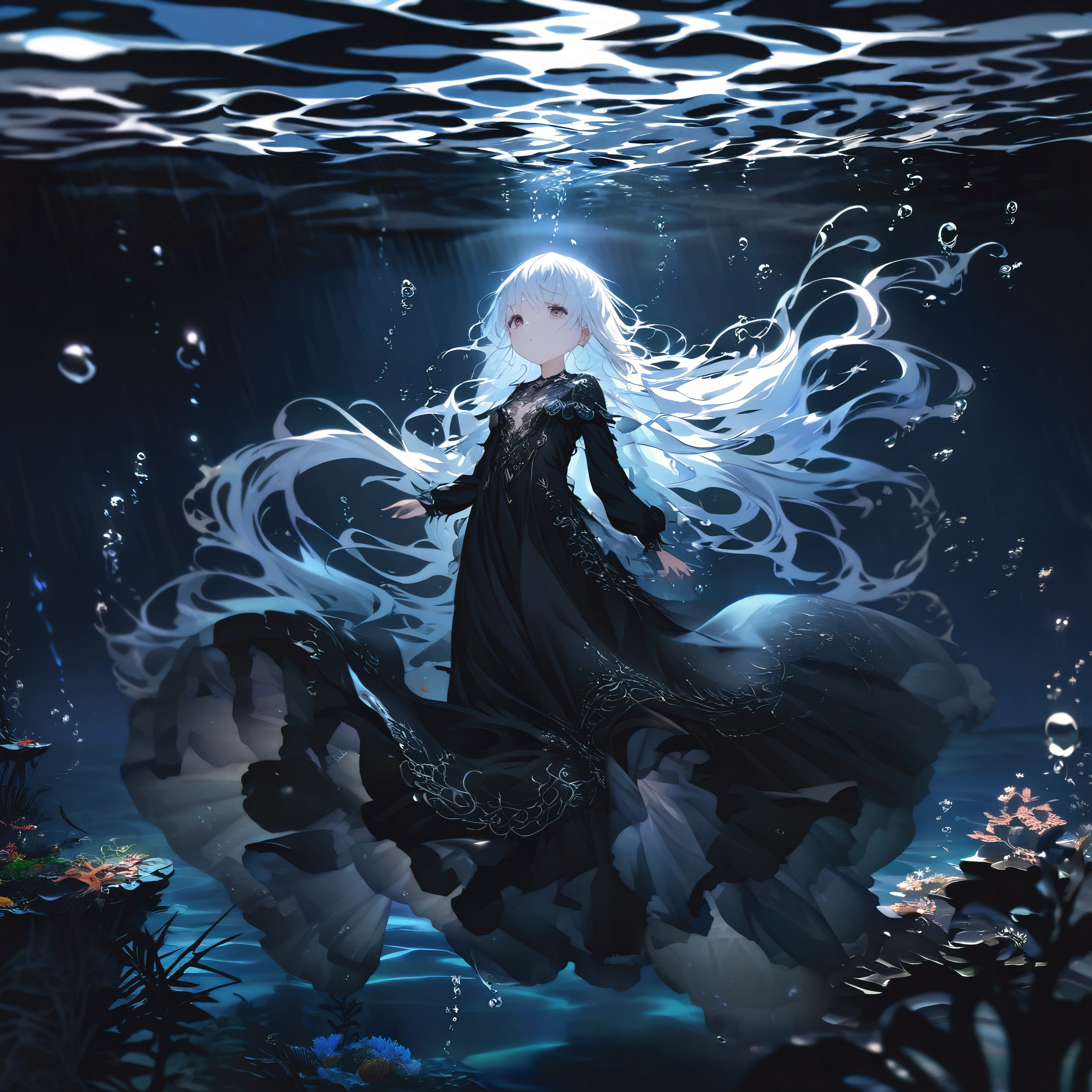 (full body), (solo), (A :1.2), (very young little girl), , (Solo), (small breast), (wide angle), raw photo, Aesthetic, Convoluted, Awarded, chiaroscuro, Best Quality, Detailed background, (underwater atmosphere:1.2), (underwater photo, floating drowning:1.1), ((Girl in very long black dress:1.2)), (very wet dress:1.1), detailxl, As the tempest rages overhead, the world is painted in a monochrome dance of silver and darkness, the rain a relentless symphony of nature's power. Amidst this deluge, a young girl emerges, her silhouette a stark contrast to the storm's fury. She is adorned in a black sheer transparent long skirt, a garment that whispers of mystery and allure.
Submerged in the water, the skirt takes on a life of its own, a dark, flowing silhouette that moves with the grace and fluidity of the deep. The black fabric, once a stark contrast to the world above, now becomes a part of the underwater realm, its transparency allowing the subtle play of light to filter through, casting shadows and highlights that dance around the girl.
The skirt's transparency allows the water to become a second layer of the garment, the fabric clinging to her form like a second skin, revealing and concealing in equal measure. The darkness of the fabric contrasts with the clarity of the water, creating a visual illusion of depth and dimension that adds to the skirt's allure.
As the skirt moves with the water, it creates a sense of motion and flow, the fabric rippling and swirling around her like a dark current. The hem of the skirt sways gently, brushing against the underwater terrain, leaving a trail of disturbed sediment in its wake, a testament to the skirt's passage through the depths.
The black sheer fabric is adorned with subtle details that become more pronounced underwater. Perhaps there are delicate patterns or embroidery that shimmer in the refracted light, adding a touch of elegance and sophistication to the skirt. These details are like hidden treas