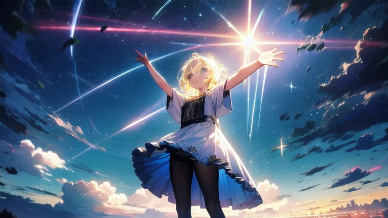 Absurd, High resolution, (Official Art, beautifully、aesthetic:1.2), close, One person raising their arm from below, Bright Sky, A vast world, stare, Awe-inspiring expressions, Distant Horizon, cloud, High Hill, Natural Beauty, Inspiration, Night Sky, Shining Star, Upstyle