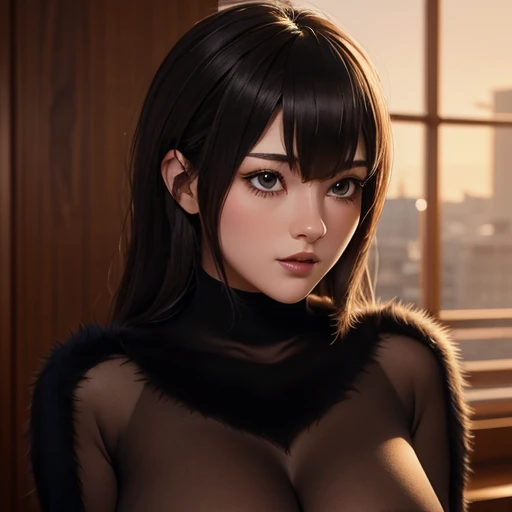 Beautiful and busty girl ,Nswf , long black fur, perfect body and slim detailed perfect hyperrealistic