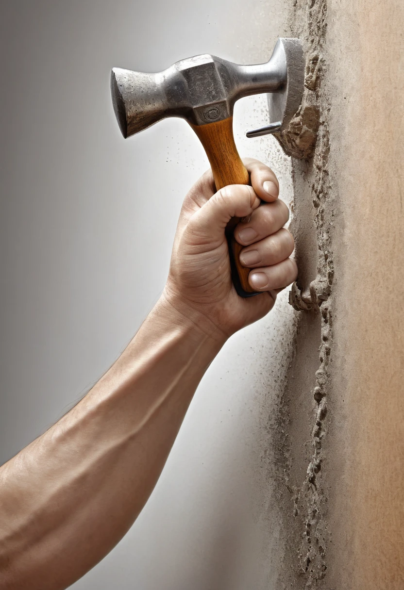 photorealistic image of a{hand swinging a hammer on a nail, intricate detailed, skin pores} mounting wall, high res, best quality