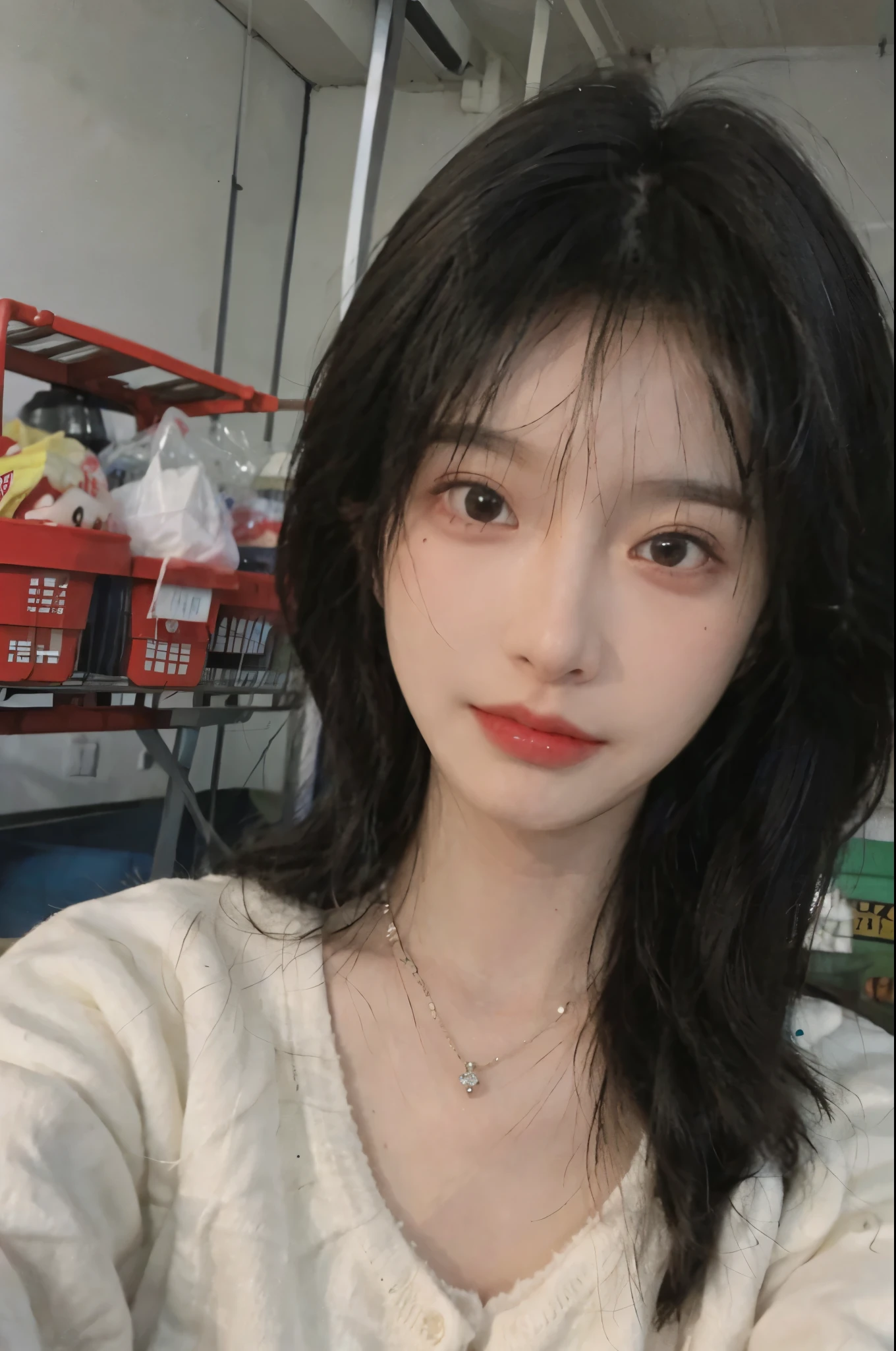 Best quality,Ultra-high resolution,(Realism:1.4),Cute hairpins,girll,Cropped black sweater,Look directly at the audience,Full of atmosphere,Beautiful woman with a slim figure:1.4,supermarket,whole body,Super delicate face,Exquisite eyes,Double eyelids,necklace