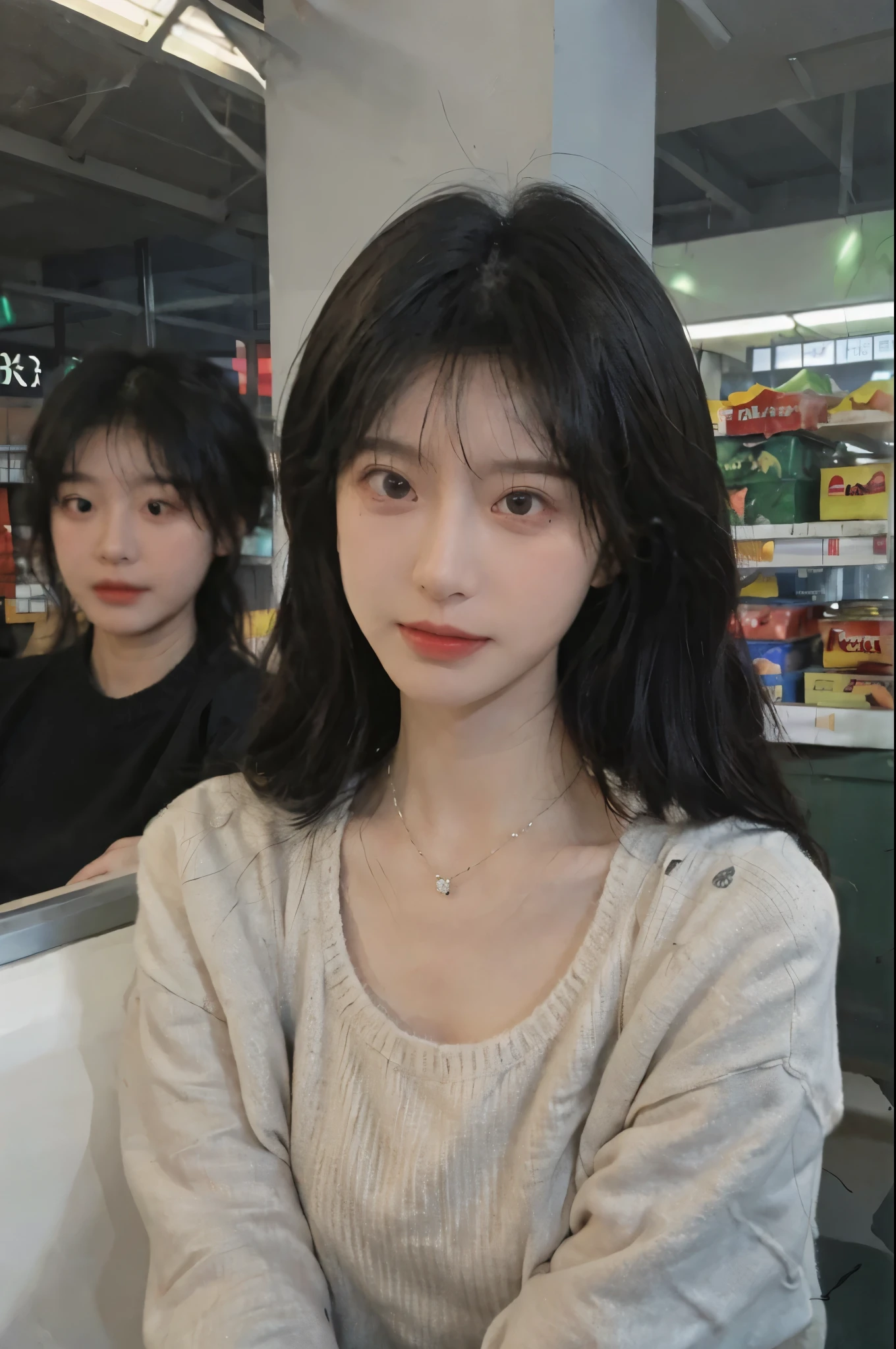 Best quality,Ultra-high resolution,(Realism:1.4),Cute hairpins,girll,Cropped black sweater,Look directly at the audience,Full of atmosphere,Beautiful woman with a slim figure:1.4,supermarket,whole body,Super delicate face,Exquisite eyes,Double eyelids,necklace