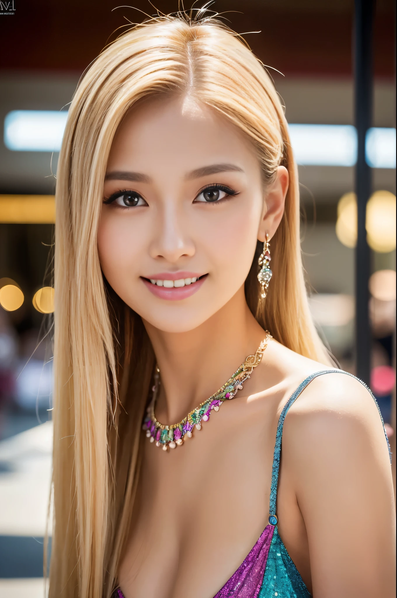 (masterpiece:1.4), (best quality:1.4), ultra high res, ultra high resolution, ((detailed facial features)), HDR, (realistic, photorealistic, photo-realistic:1.37), closeup, sexy seductive Thai woman, (seductive smile), long lashes, beautiful makeup, platinum blonde hair, fair skin, slender figure, elegant posture, wearing large sparkling colorful jewelery, wearing a business style leather dress, standing in a large shopping mall, gentle sunlight shining through the shopping mall windows, casting a soft glow on her face, adding warmth to the scene, vibrant colors, capturing the essence of vibrant city life, portrait style, showcasing her natural beauty and grace in a feminine way