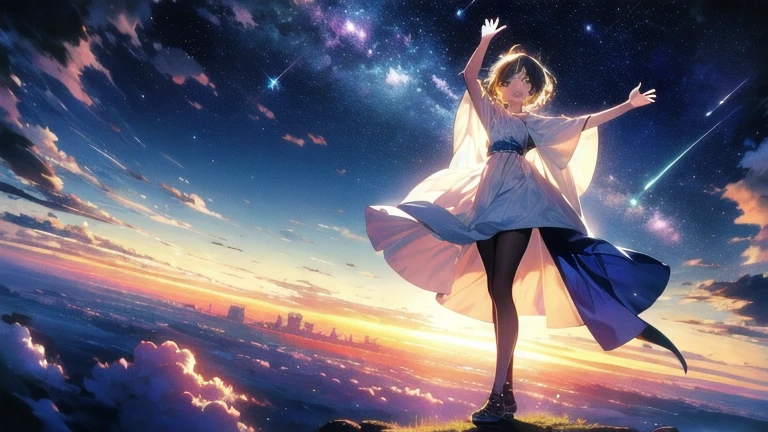 Absurd, High resolution, (Official Art, beautifully、aesthetic:1.2), close, One person raising their arm from below, Bright Sky, A vast world, stare, Awe-inspiring expressions, Distant Horizon, cloud, High Hill, Natural Beauty, Inspiration, Night Sky, Shining Star, Upstyle