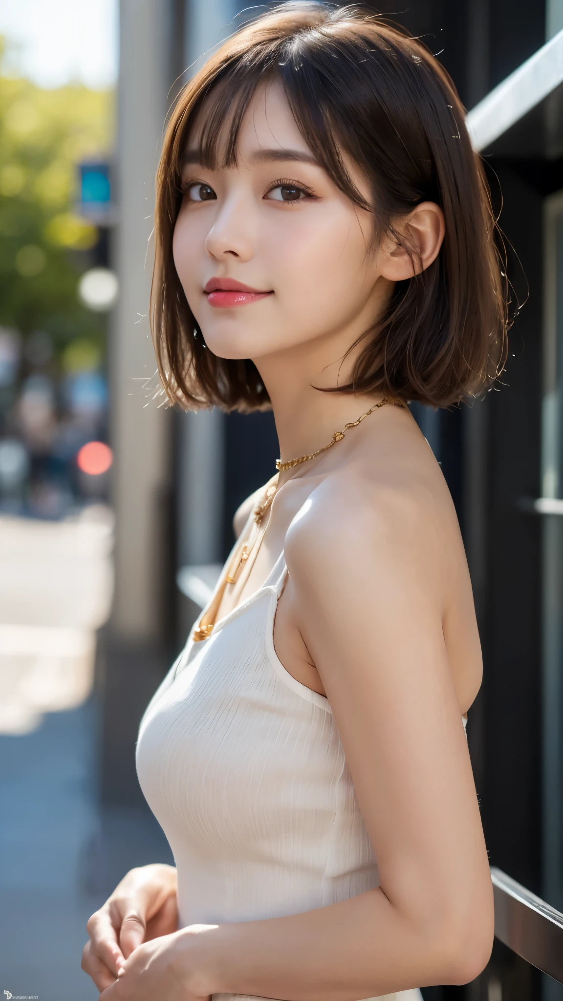 (photorealistic, 32k, RAW photo, best quality: 1.5), (masterpiece:1.3), (absurdres, attractive, ultra high resolution, ultra realistic, highly detailed, golden ratio, ultra detailed), (Beautiful Japanese teenager female, super fucking beautiful detailed face), natural makeup, detailed cloth texture, detailed hair texture, beautiful detailed fullbody, Perfect female body, accurate, Anatomically correct, Highly detailed face and skin texture, (beautiful hands), (realistic skin), (beautiful pale skin:1.1), (Perfect dynamic composition, looking at viewer:1.3), (full body shot:1.3), ((random colored sheath dress with a slit, Elegant Necklace:1.4)), (Seductive pose:1.2),
BREAK,
realistic eyes, beautiful detailed eyes, symmetric eyes, Light Brown eyes, Double eyelids, Thin eyebrows, (Glossy lips:1.4), ((A face with waiting for a kiss, Shy Smile:1.2)), (blush:1.1),
BREAK,
((short hair, bob, Dark blonde hair, bangs:1.2)), (Sunny day, street corner, Meeting up for a date:1.3)