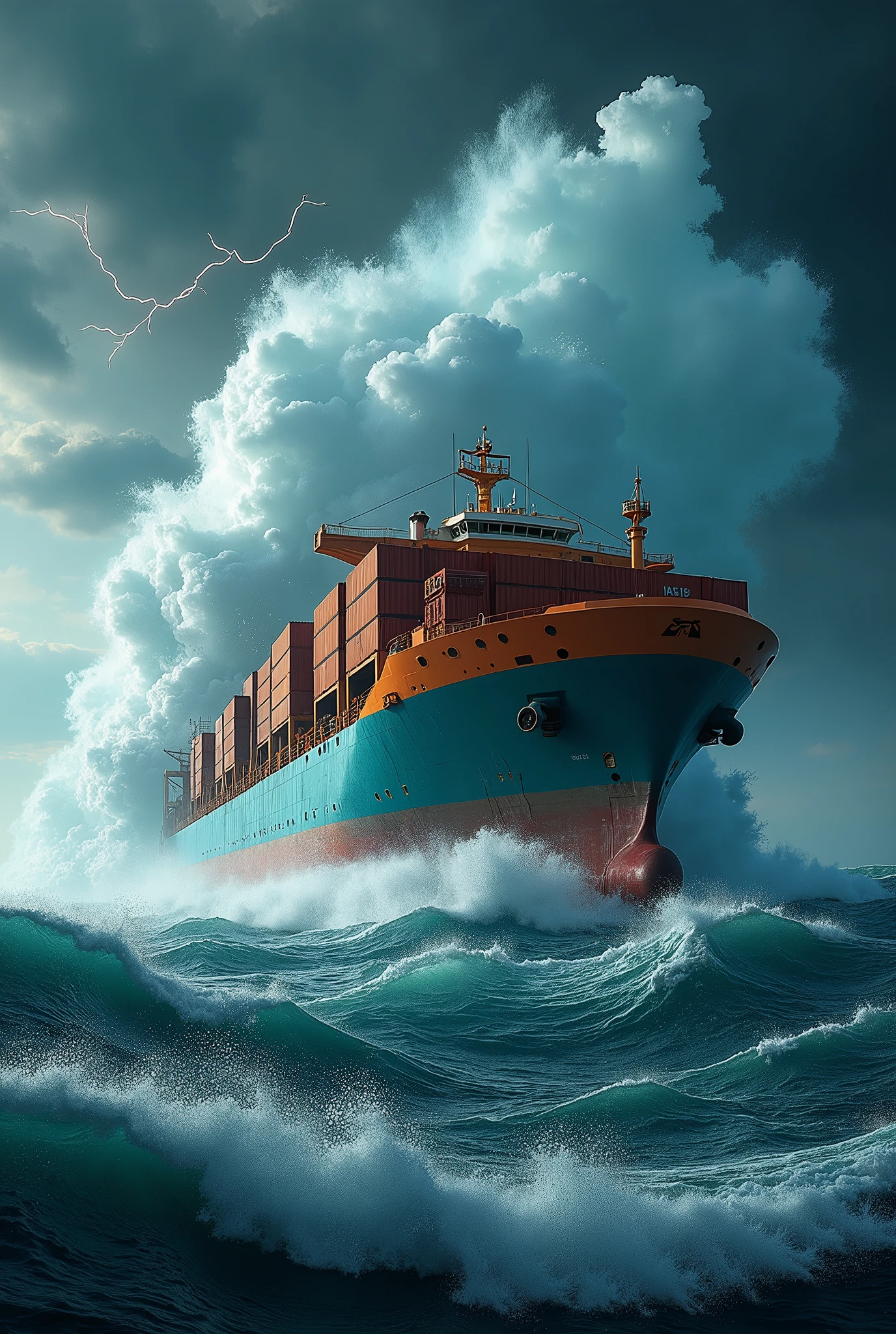 Picture of a cargo vessel ship hit by a large wave