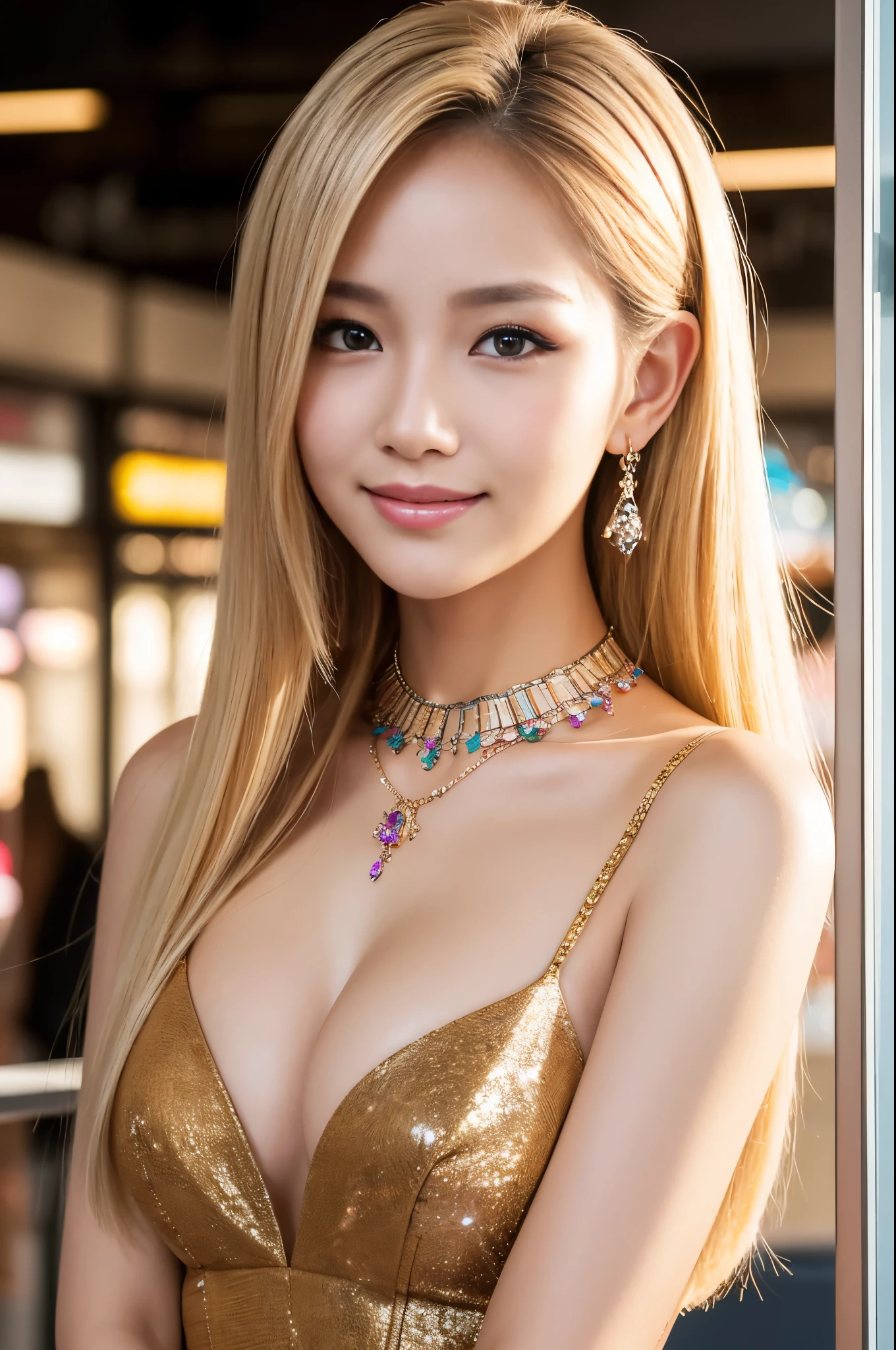 (masterpiece:1.4), (best quality:1.4), ultra high res, ultra high resolution, ((detailed facial features)), HDR, (realistic, photorealistic, photo-realistic:1.37), closeup, sexy seductive Thai woman, (seductive smile), long lashes, beautiful makeup, platinum blonde hair, fair skin, slender figure, elegant posture, wearing large sparkling colorful jewelery, wearing a business style leather dress, standing in a large shopping mall, gentle sunlight shining through the shopping mall windows, casting a soft glow on her face, adding warmth to the scene, vibrant colors, capturing the essence of vibrant city life, portrait style, showcasing her natural beauty and grace in a feminine way