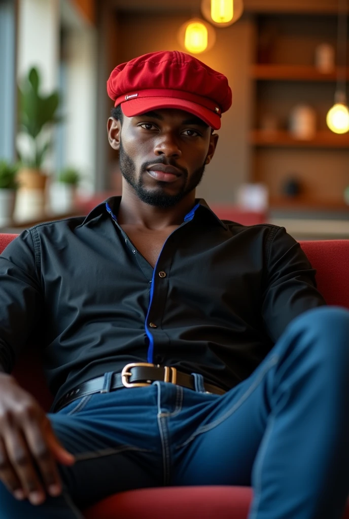 best qualityer:1.4), (ultra high resolution:1.2), (photorrealistic:1.4), (8k, CRU photo:1.2), A 20-year-old brown-skinned man, He's wearing a black shirt with blue details, He's wearing a red cap, He's wearing dark blue jeans with a belt. He's sitting in a room with bright lights with a seductive look