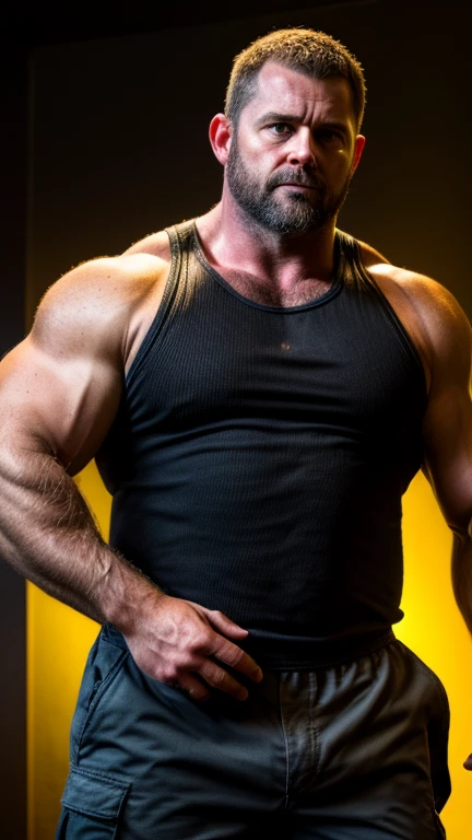 An award-winning original photo, A musclebear man, (40 years old daddy:1.1), 1 man, Solo, strongman, (wearing cargo pant and a black tanktop), (big shoulders), musculature, burly but strong physique, hairy, chubby and stocky, stubbles, Short beard, (Detailed body), (realistic eyes), looking at viewer, deadpan, lighting, (Best quality, A high resolution, Photorealistic), Cinematic lighting, Masterpiece, RAW photo, Intricate details, hdr, depth of field, (upper body shot), (realistic:1.4), from the front