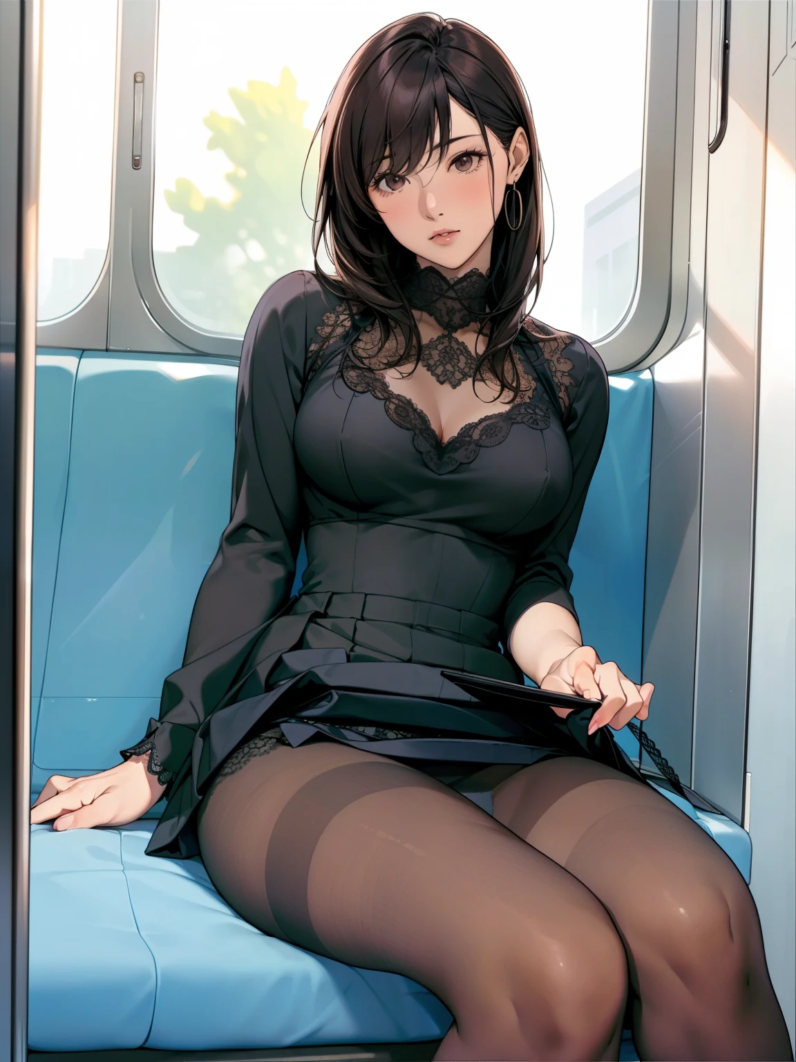 ((Highest quality,High resolution,Very detailed)), (Sharp details, Depth of written boundary), real photo style, Mature women, ((Sit facing forward)), Sitting on a long seat in a train, Sitting on a sheet in a commemorative photo pose, ((Chair to sit under skirt)), Composition seen from the seat opposite, Inside a commuter train, The back of the woman's head is against the window glass., Slightly low-angle shot, ((Holding down the skirt hem with her hand)), Summer knit dress with a chest cutout, Detailed and refined facial features, Confused expression, Black Hair, Japanese women, dark brown eyes, Double eyelids, , Lace material white sexy panty over pantyhose, Thighs in pantyhose。