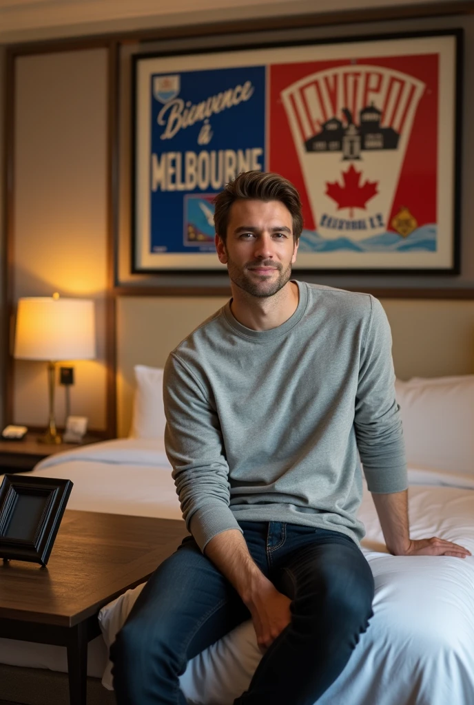 Homme caucasien grand de taille, charmant, un petit peu costaud, habillé en pantalon et tee-shirt manche longue, assis ou adossé sur une table dans une grande chambre d'hôtel et sur le lit de l'hôtel qu'il soit déposer un cadre photo grand ou moyen qu'il est possible de faire arrêter sur le lit et faire face à la caméra et sur le mur du chevet du lit un tableau sur lequel il est écrit en français : Bienvenue à Melbourne AUSTRALIE et autour de la phrase qu'il y ait les emblèmes du Canada Québec ou le drapeau du Canada Québec