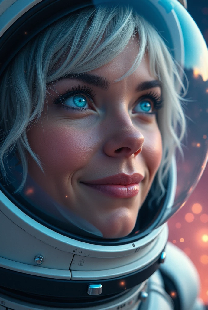 (Close-ups of even better masterpieces:1.5)0.9], (Space and astronauts:1.2) (Disheveled silver hair:1.1) (Heterochromia、Xanthochromia、blue eyes:1.2) (Space Helmet:1.0) (Colored stars in my eyes:1.0) (Shining Sparkle:1.1) (Thick lips:0.9)