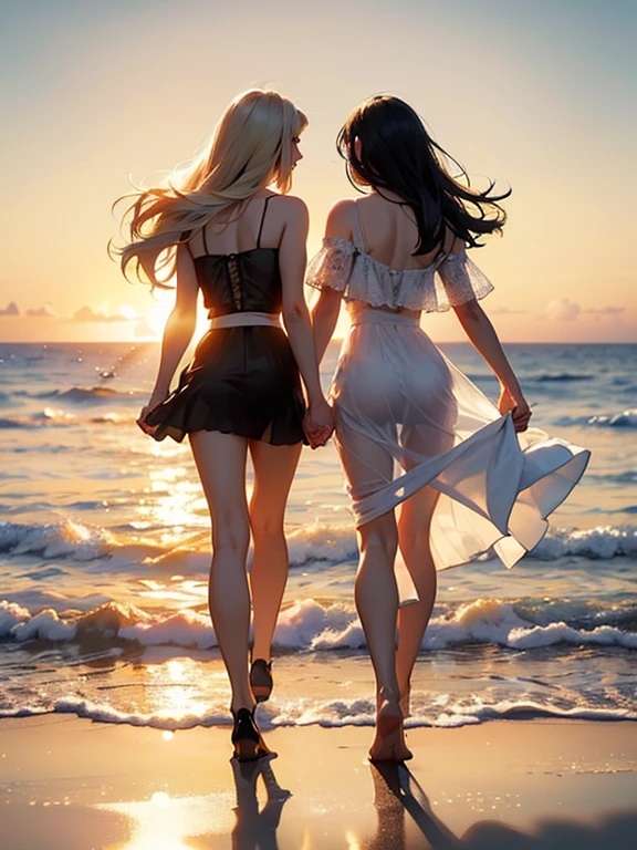 (realistic photo:1.37), Summer sea evening sunset, Sunset overlap the person, The sunset is reflected on the sea surface, (Dazzling sunset:1.4, beautiful evening sunset:1.3), (2 womens, Back view of two women on the beach), (((Holding hands and looking beyond the horizon))), (Lens Ghosting:1.5, lens flare:1.2, Octagon-shaped lens ghost), Fiery Horizon, (Silky platinum blonde Hair:1.2), (The other one woman ultra Shiny straight black hair:1.3), ((Natural backlighting:1.4)), ((one woman wears lace tiered mini skirt and sheer white Summer clothes)), ((The other one woman wears a sheer tulle skirt and Sheer Summer Dresses)), ((full body view:1.2)), Slightly slimmer body, Realistic Skin, 
BREAK. masterpiece, ultra high resolution, high definition RAW photograph, Highly detailed CG, best quality, 4K, perfect anatomy, perfect proportions, Romantic Landscape, Sparkling sea, Accurate limbs, Back blur, Hand details, finger details, erotic body