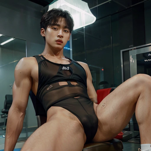 Korean handsome male idol,, pretty body, PenisClear, transparent color, sitting, Gym suit,thong, Dark skin, transparent fashion, police, harness, Adult products