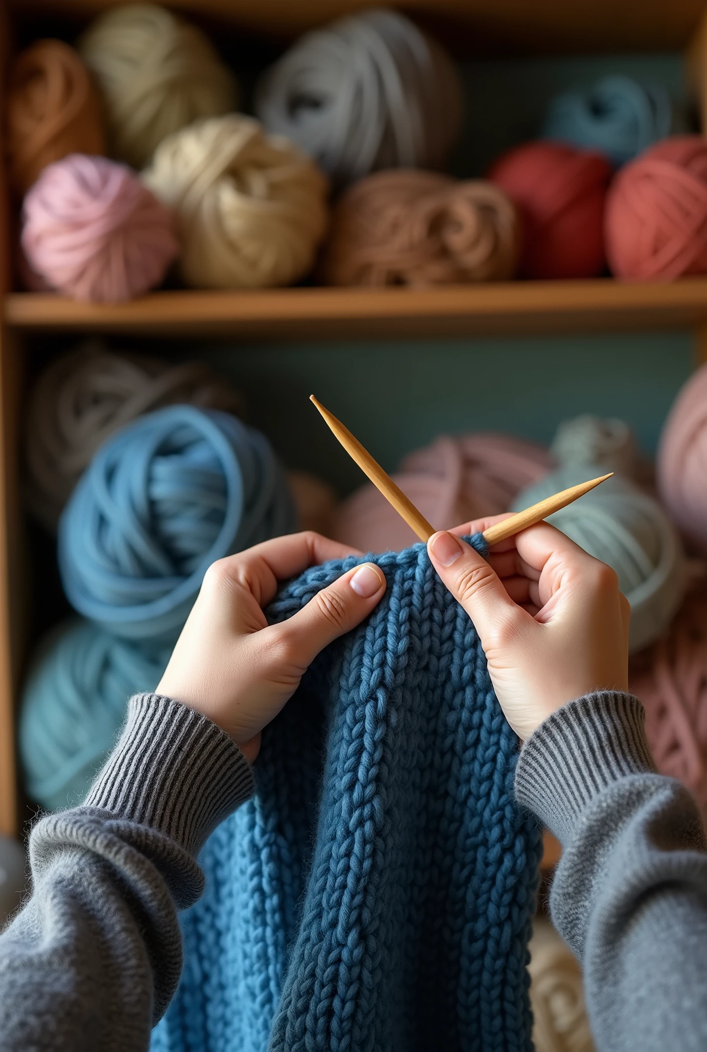 Knitting a scarf with knitting needles, Hands close-up, 